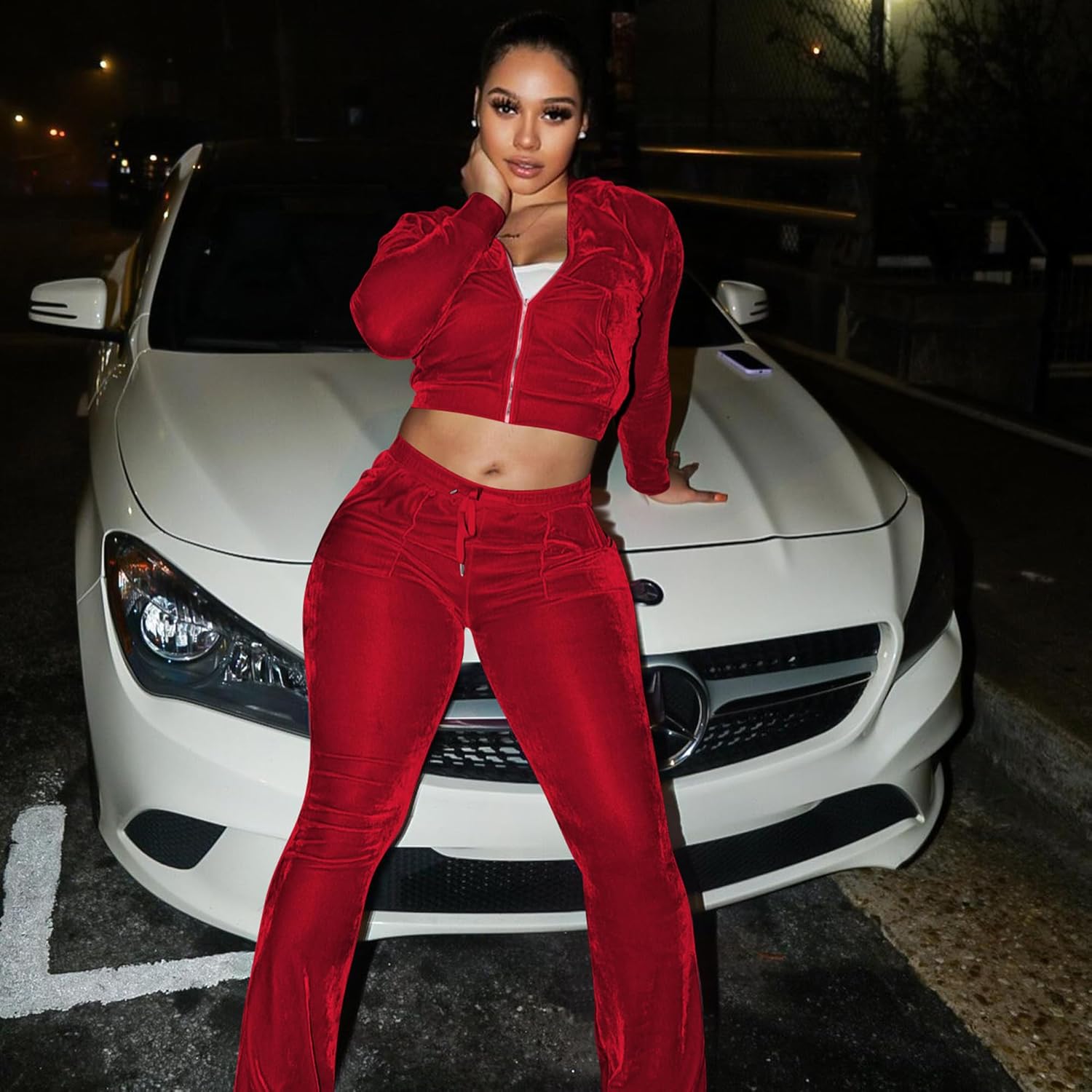 yidengymx Womens 2 Piece Velour Tracksuit Two Piece Outfits for Women Long Sleeve Zip Up Crop Tops Sweatpants Sets Pockets - Image 8