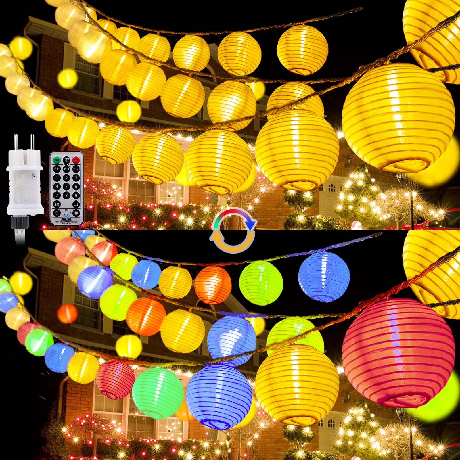 StarryEver Guirlande lumineuse LED - 12 m - Blanc chaud et multicolore - 11 modes - Avec télécommande - 40 lanternes chinoises - Éclairage extérieur - Pour patio et jardin
