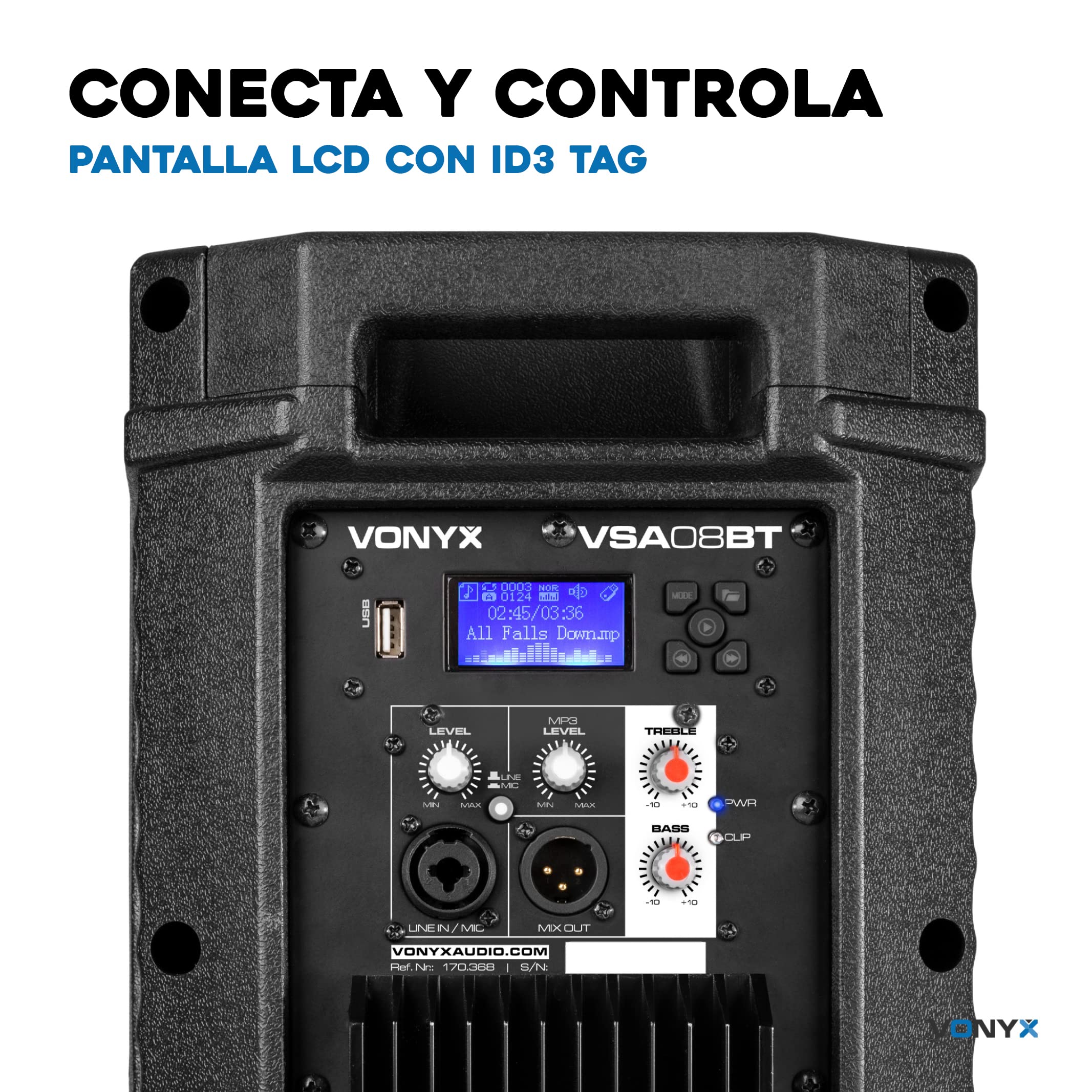 Vonyx VSA08BT - Altavoz Activo biamplificado Bluetooth 5.0-250 vatios, Woofer de 8 Pulgadas, Montaje en pie, Reproductor de MP3, Pantalla LCD, Ideal para DJs móviles y para animar Tus Noches