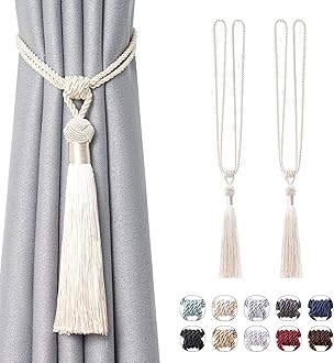 Pretty Jolly 2 Pack Long Tassel Curtain Tiebacks Handmade Braided Rope Knot Drape Tie Backs European Style Decorative Curtain Holdbacks for Home & Office Window Drapery (Beige)