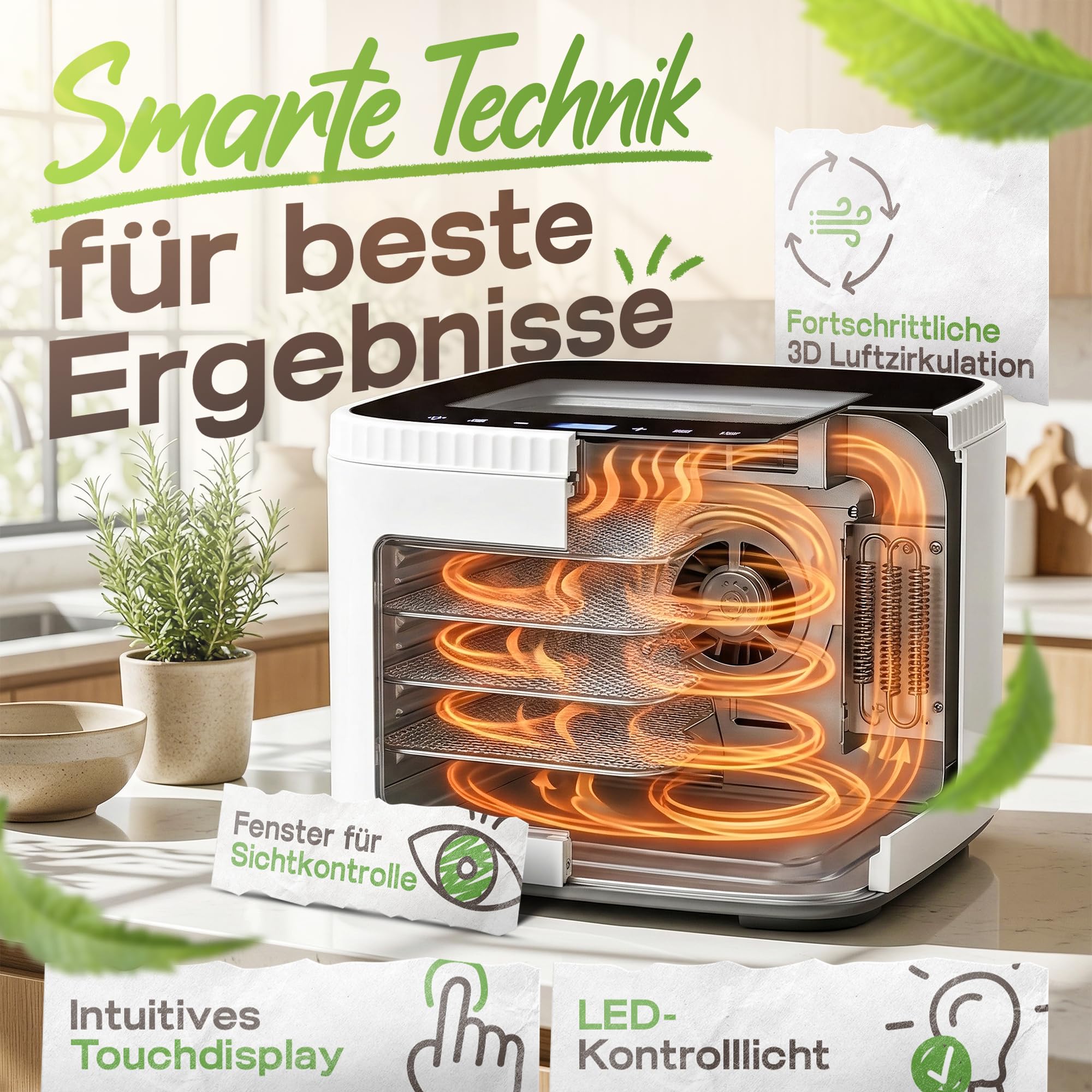 Essiccatore con 5 griglie in acciaio inox, essiccatore da 500 W-0,2 m², finestra extra visiva, forma di pelle di frutta, filtro, rete di erbe, LED, LCD, disidratatore compatto.