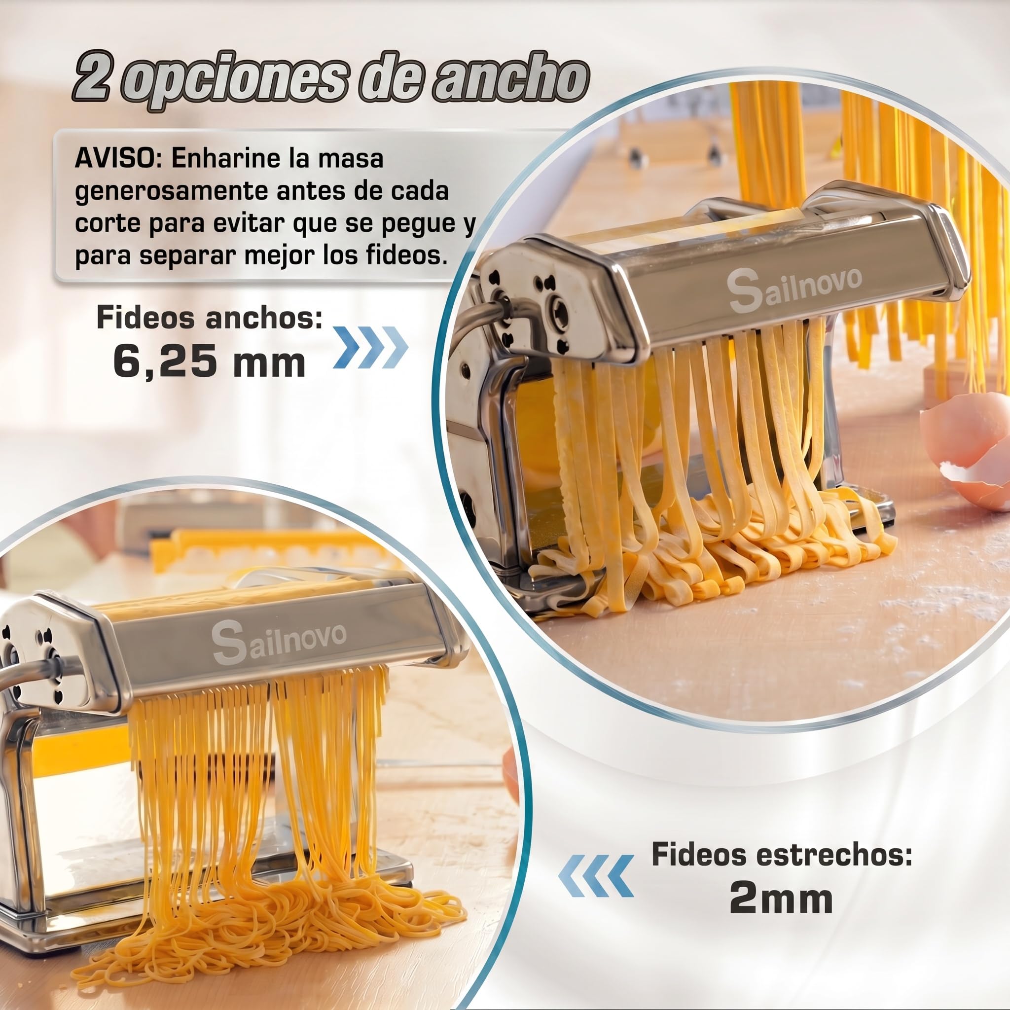 Sailnovo Maquina Para Hacer Pasta, 180 aleación de aluminio Maquina Pasta Fresca, con 9 Ajustes de espesor ajustables y 2 máquinas de corte, Maquina Pasta es muy adecuado para pasta(Plata)