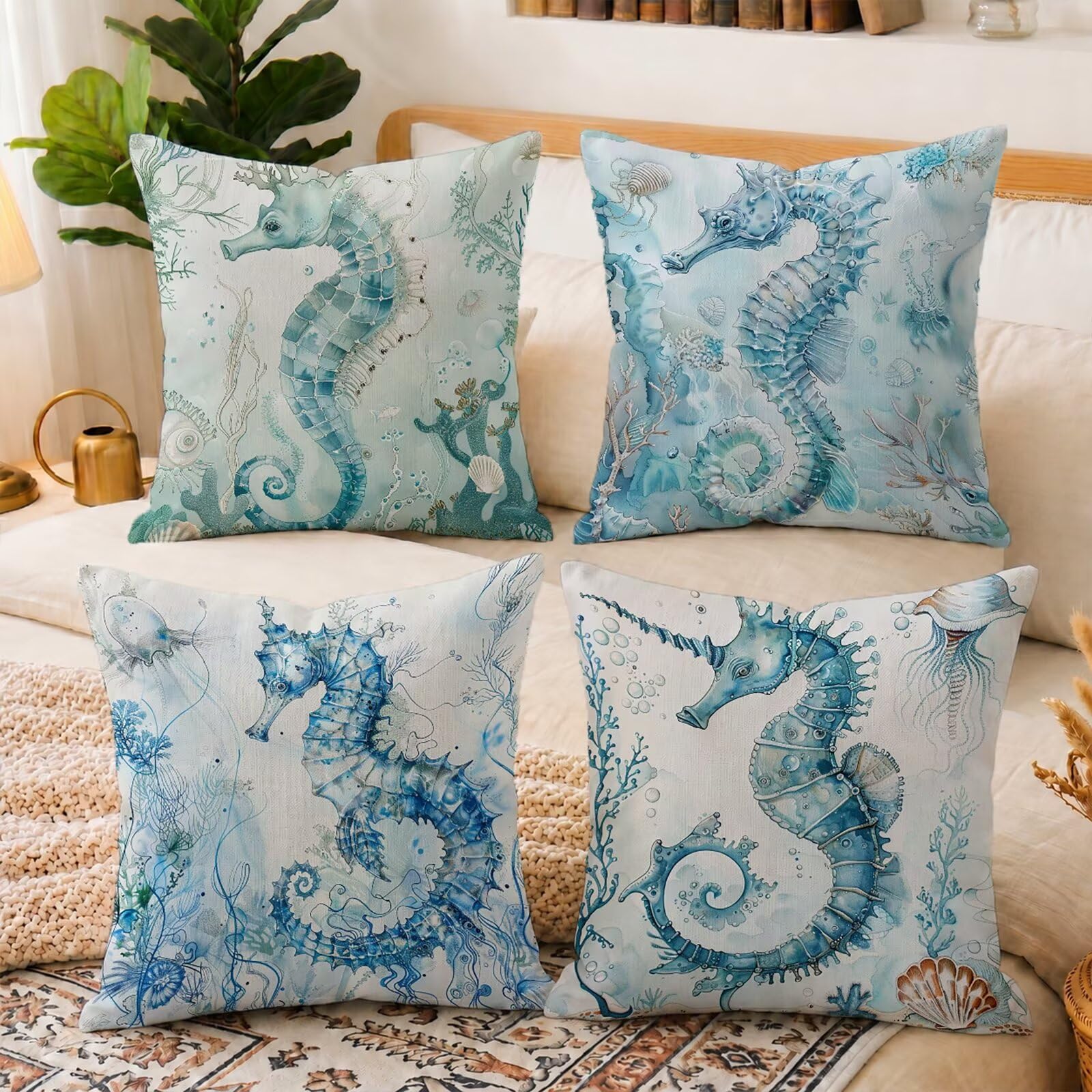 Federe Cuscini Divano 60x60cm Set di 4 Stampa Fronte-Retro Oceano Haima in Lino Copricuscini, Cuscini da Esterno Impermeabili per Soggiorno Camera da Letto Giardino & Arredamento Casa C-O162