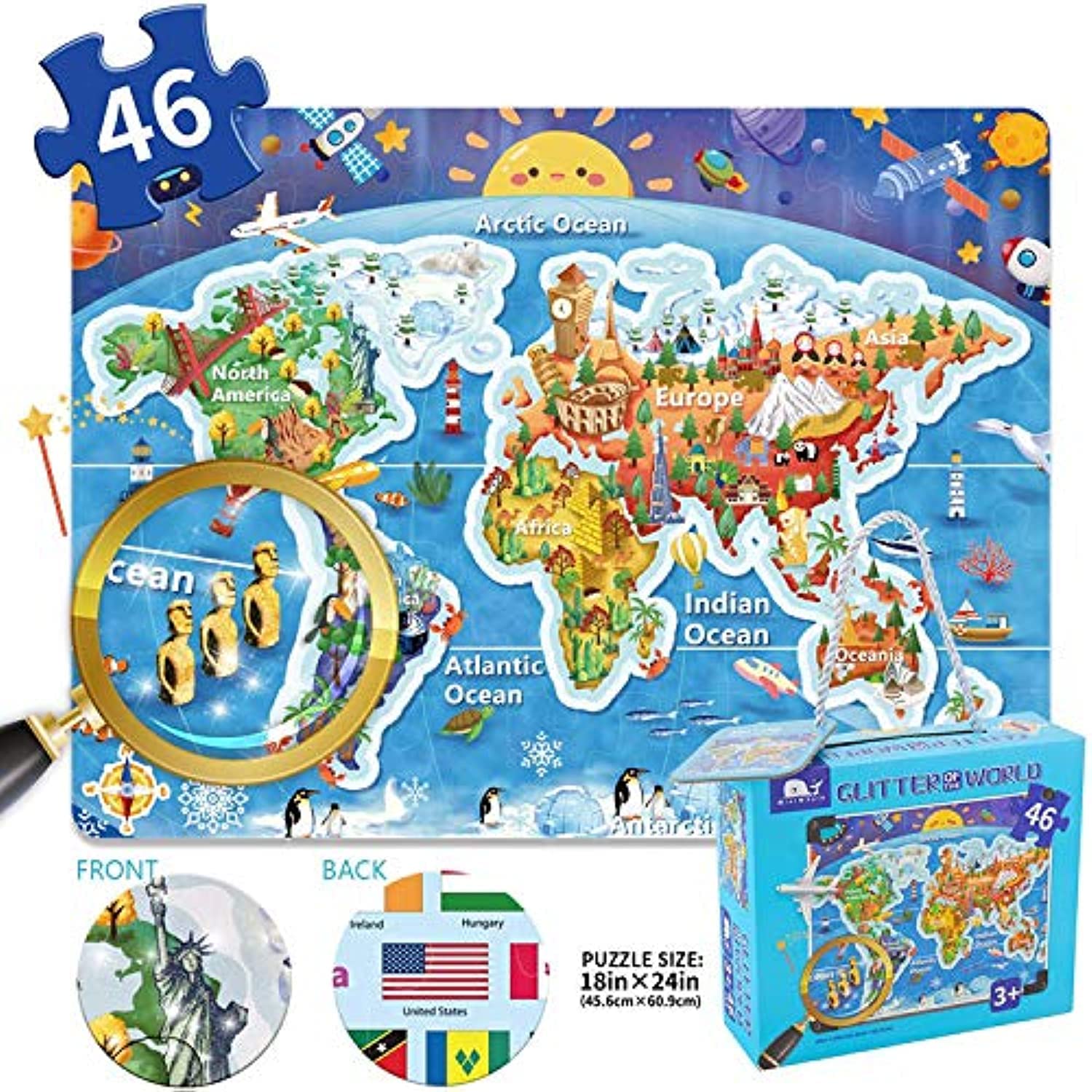 MINIWHALE Puzzle World Map with 46 Pieces Flags for 3-6 Year Old Kids