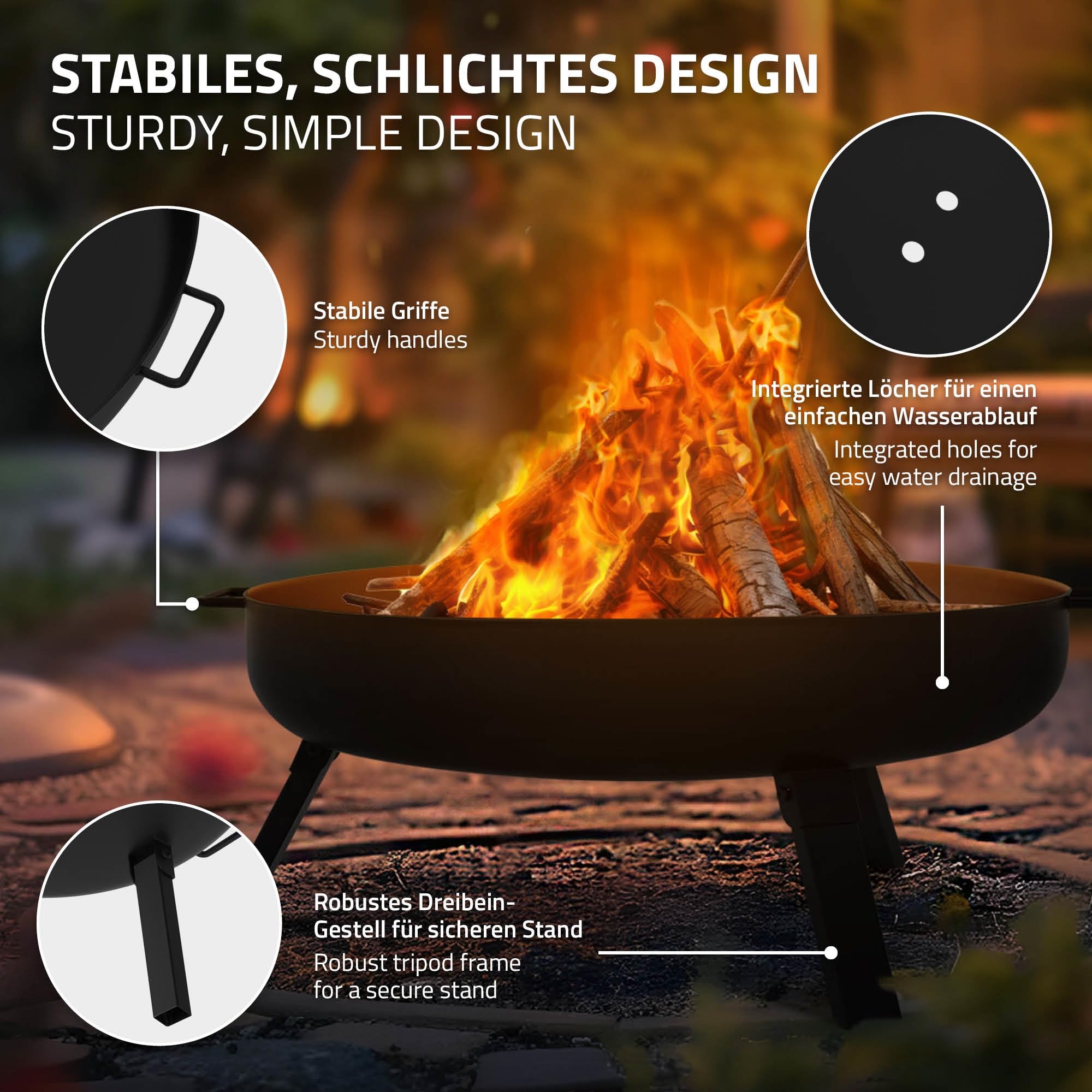 ECD Germany Cuenco de Fuego 60 x 27 cm Brasero Exterior Redondo de Acero con 3 Patas Plegables y Asas de Transporte, Fire Bowl Negro con 2 Agujeros de Drenaje Ideal para Barbacoas de Jardín o Camping