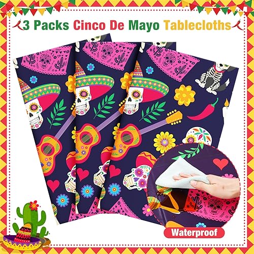 Miniatura 4 de Newwiee Mantel de fiesta mexicana de 3 piezas, 54 x 108 pulgadas, mantel de plástico estampado de Cinco de Mayo, mantel desechable con temática