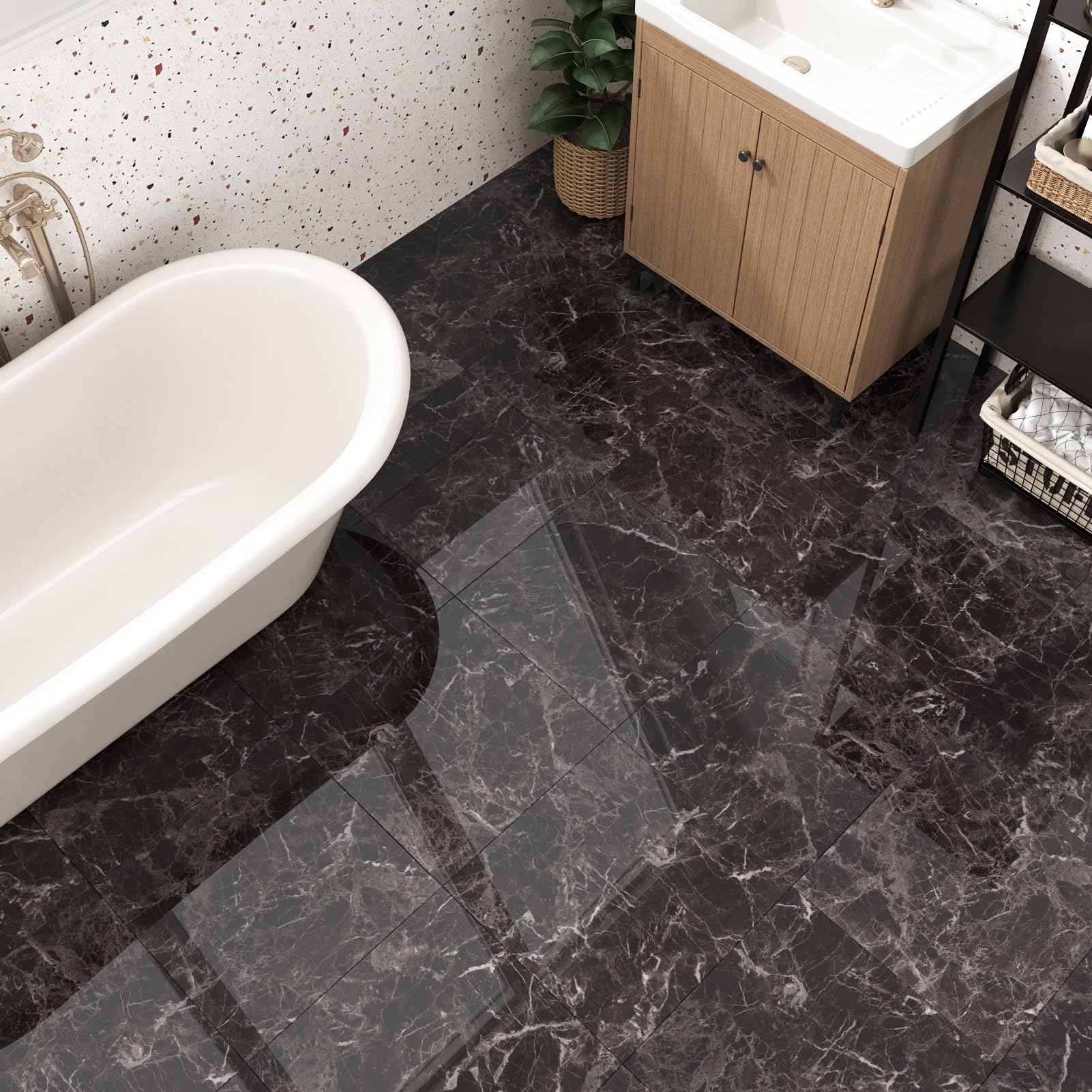 24 Piezas Suelo Vinilico Negro Claro Mármol Suelo Vinilo Autoadhesivo Antideslizante Suelo Laminado Impermeable Losetas Autoadhesivas Negro Para Cocina Vinilo Suelo Baño 30cm x 30cm
