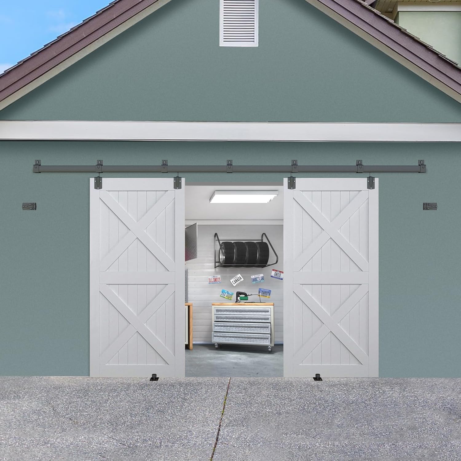 Exterior Barn Door Hardware Kit, BARNSMITH 12FT Sliding Barn Door Hardware Heavy Duty Doors Track Kit for Double Doors Use, Wall Mount, Black (Hardware Only)