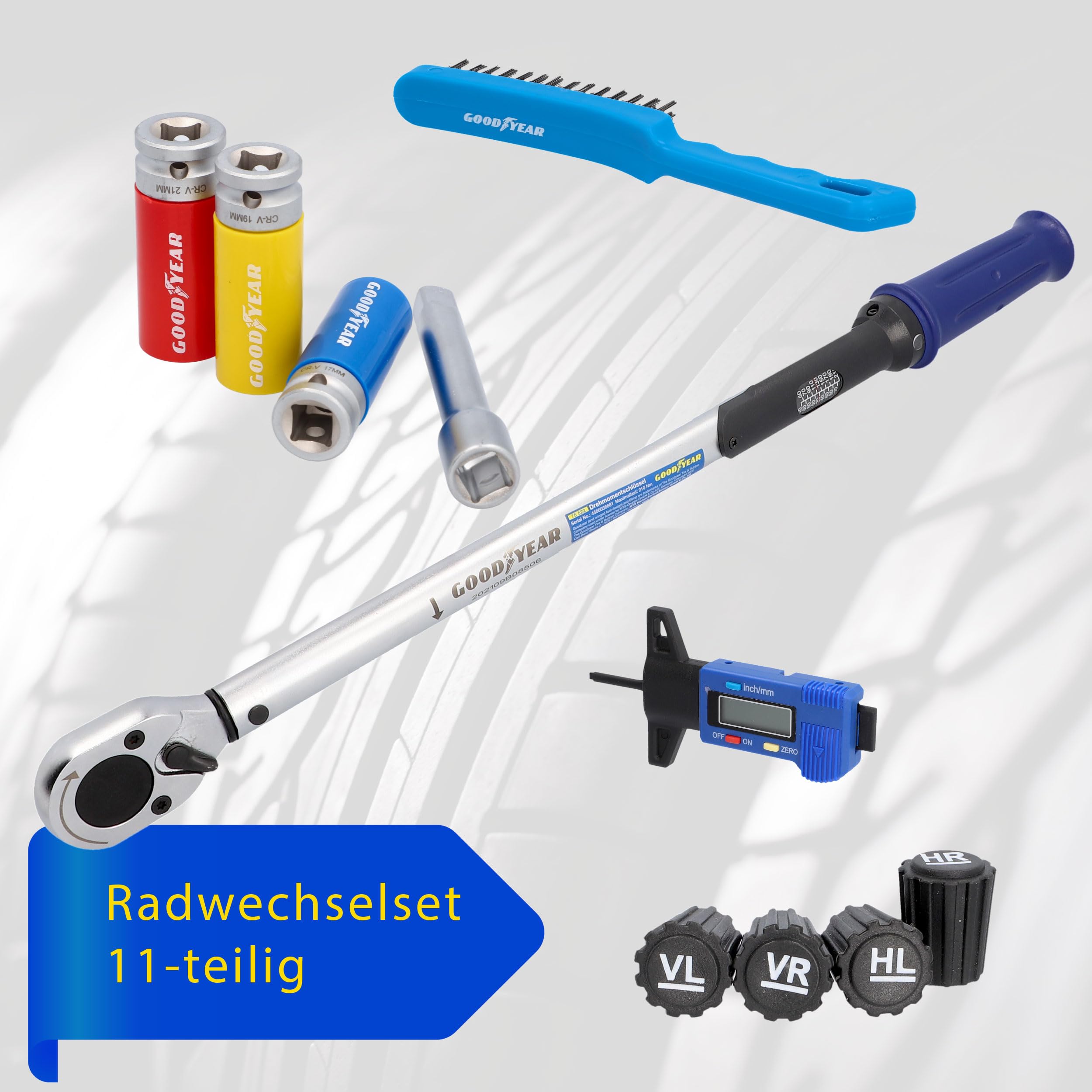 Goodyear Juego de cambio de ruedas, 11 piezas, llave dinamométrica + juego de 3 llaves de vaso + extensión + varios accesorios, caja negra