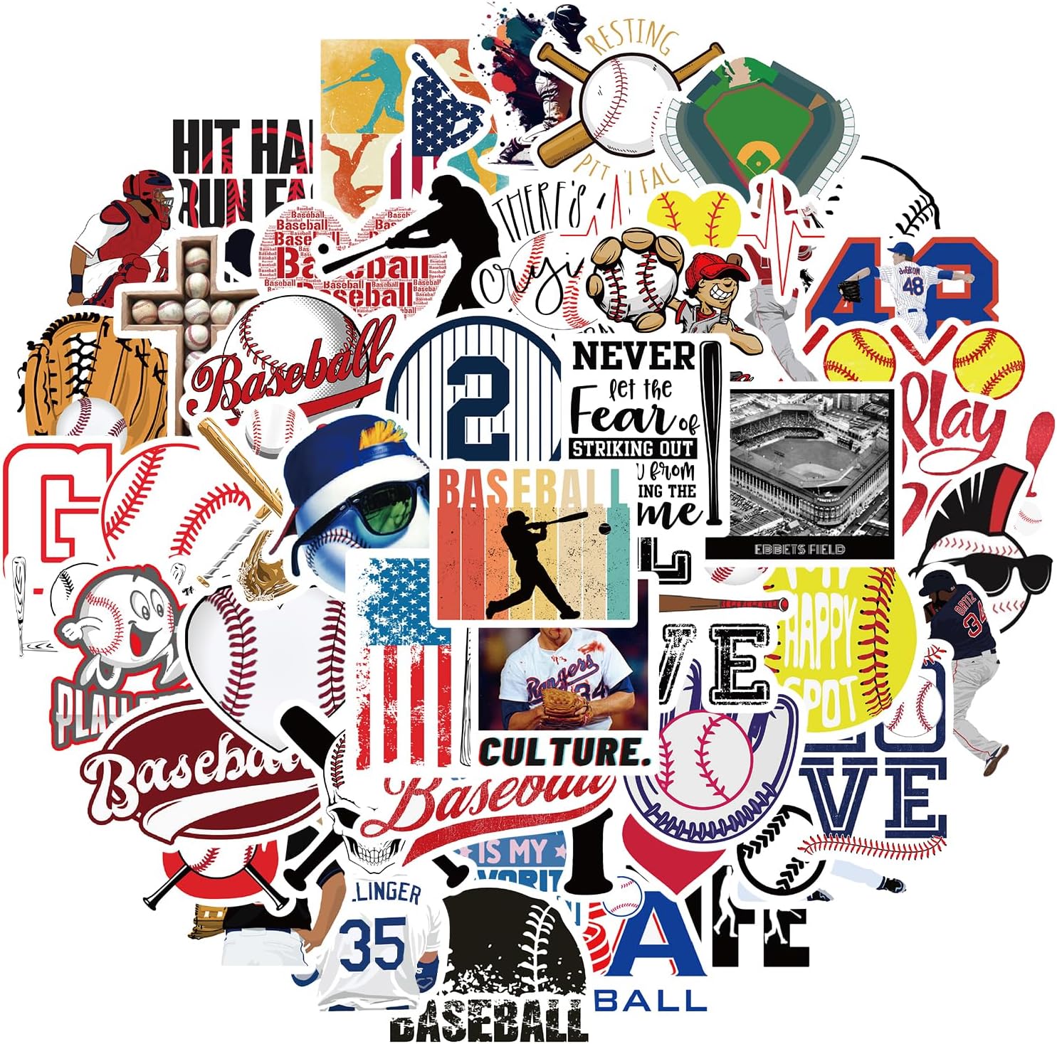 50 Pcs Baseball Stickers for Kids and Adults - Vinyl Waterproof for Water Bottle, Luggage, Scrapbook, Laptop - Party Favors and Gifts
