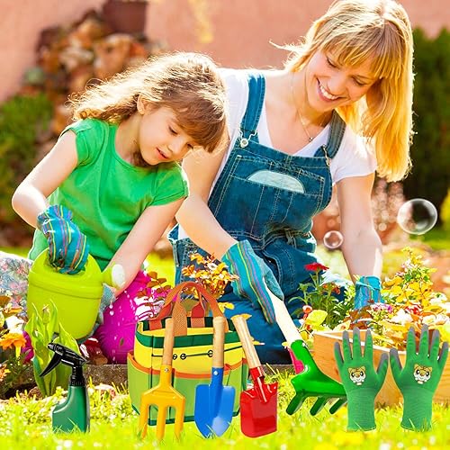 Miniatura 2 de IELEK El juego de herramientas de jardín para niños incluye rastrillo, pala, pala, pala, guantes de delantal, regadera y bolsa de mano, sombrero