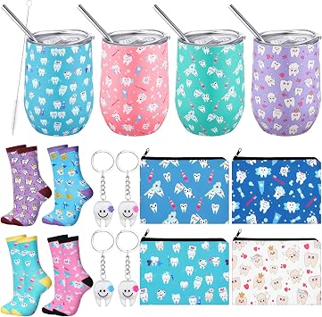 Jingmore 16 Pcs Dental Hygienist Gifts Bulk Include12 oz Teeth Stainless Steel Tumbler Cosmetic Bag Tooth Shape Keychain Tooth Socks Dental Assistant Gifts for Christmas Nurse Graduation Accessories