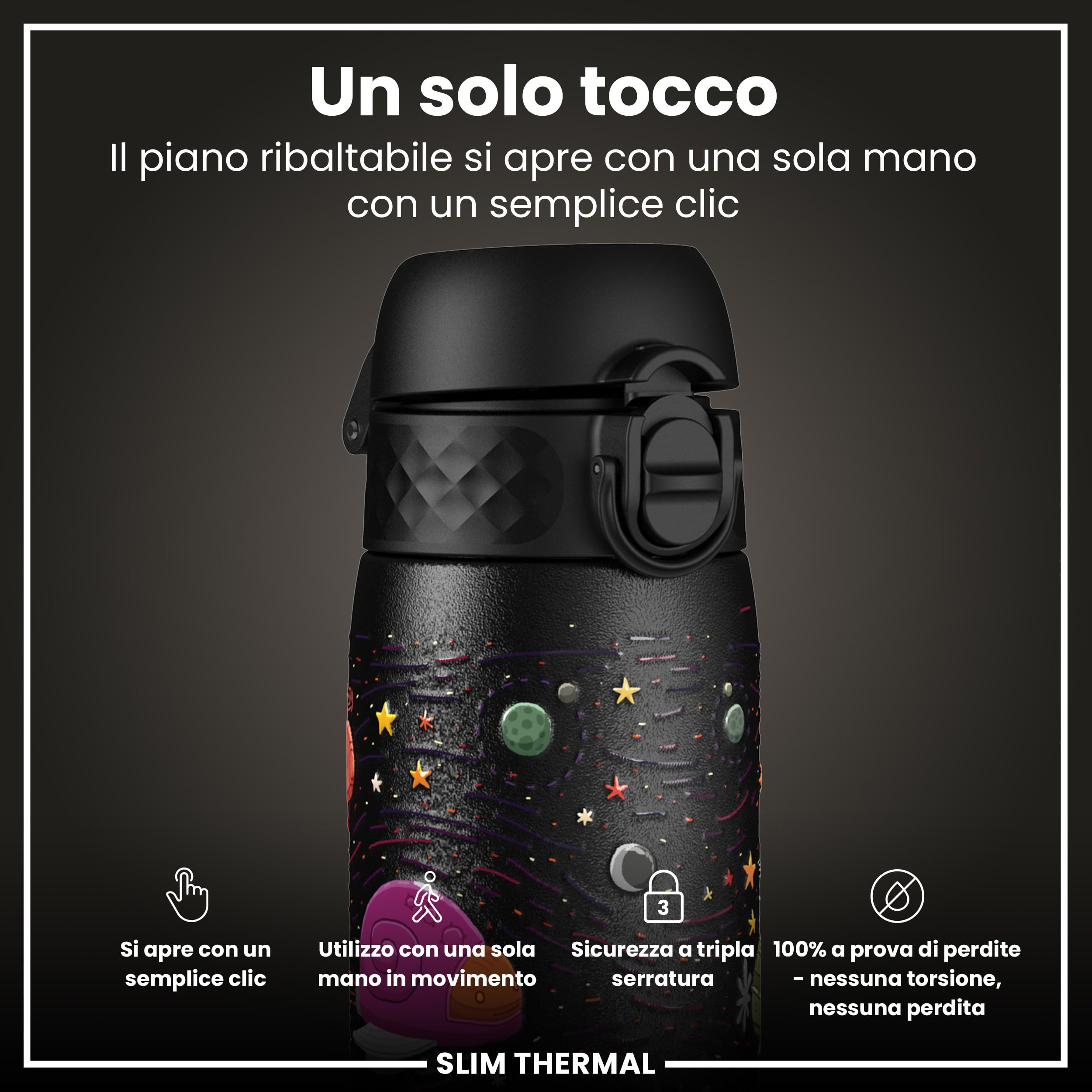 Ion8 Borraccia Termica in Acciaio Isolato, 500ml, a Prova di Perdite, Facile da Aprire, Serratura Sicura, Lavabile in Lavastoviglie, Maniglia per il Trasporto, Facile Pulizia, Durevole,Astronavi