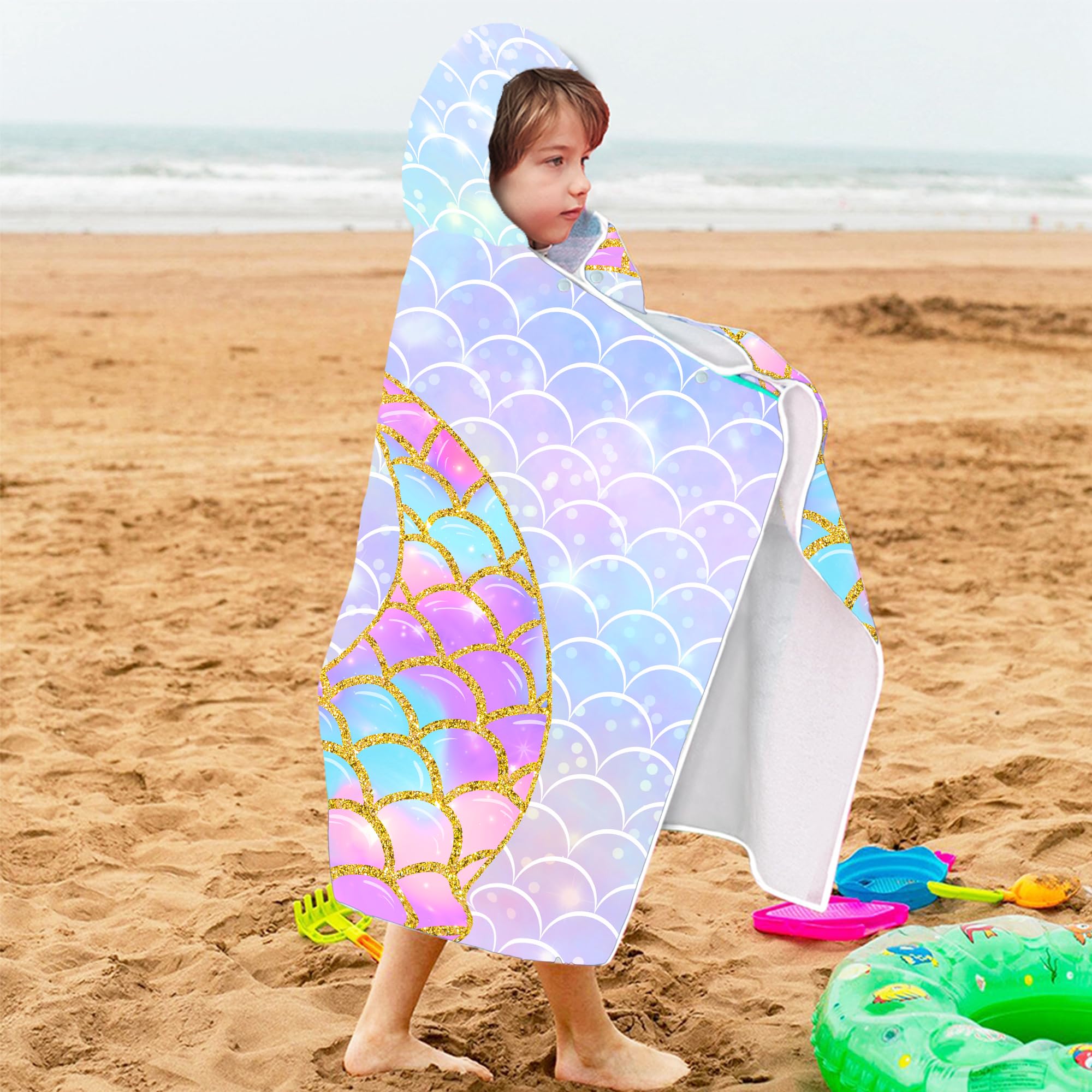 Toalla de playa con capucha de sirena, cola de sirena, poncho con capucha para niñas, suave y absorbente, color rosa con capucha para niños pequeños de 30 x 50 pulgadas, albornoz con capucha para baño