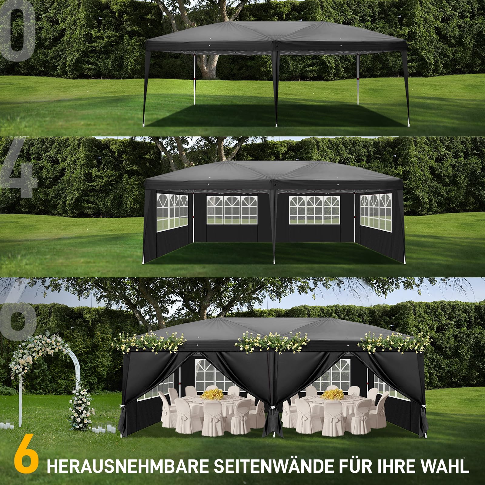 LEADZM Cenador plegable de 3 x 6 m, altura regulable, protección UV 50+, para jardín, fiesta, marco de acero, con 4 paneles laterales, para jardín, fiesta, camping (negro)
