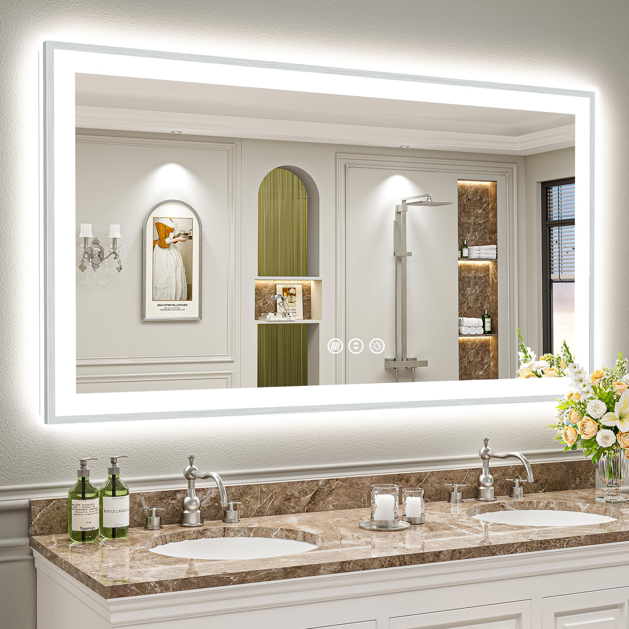 68x36 Brushed Nickel LED Bathroom Mirror with Lights, Backlit &amp; Front-Lit, Anti-Fog, Framed Lighted Vanity Mirrors for Bathroom Wall, Dimmable, 3 Colors, Memory, Shatter-Proof, Tempered Glass
