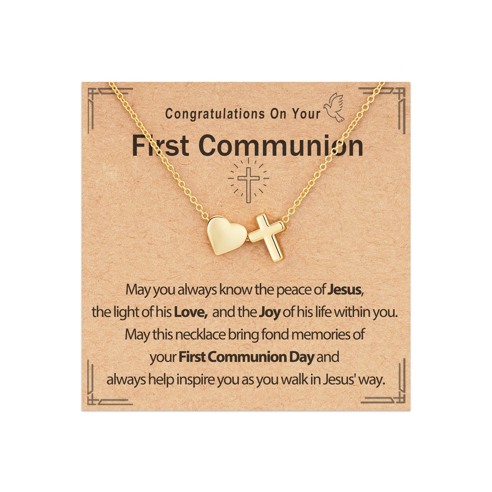 ESPVO Confirmation First Communion Baptism Gifts for Girls, 14K Gold Plated Heart Cross Necklace for Daughter Granddaughter Niece Sister Christian Religious Gifts 16+3 Inches - 2