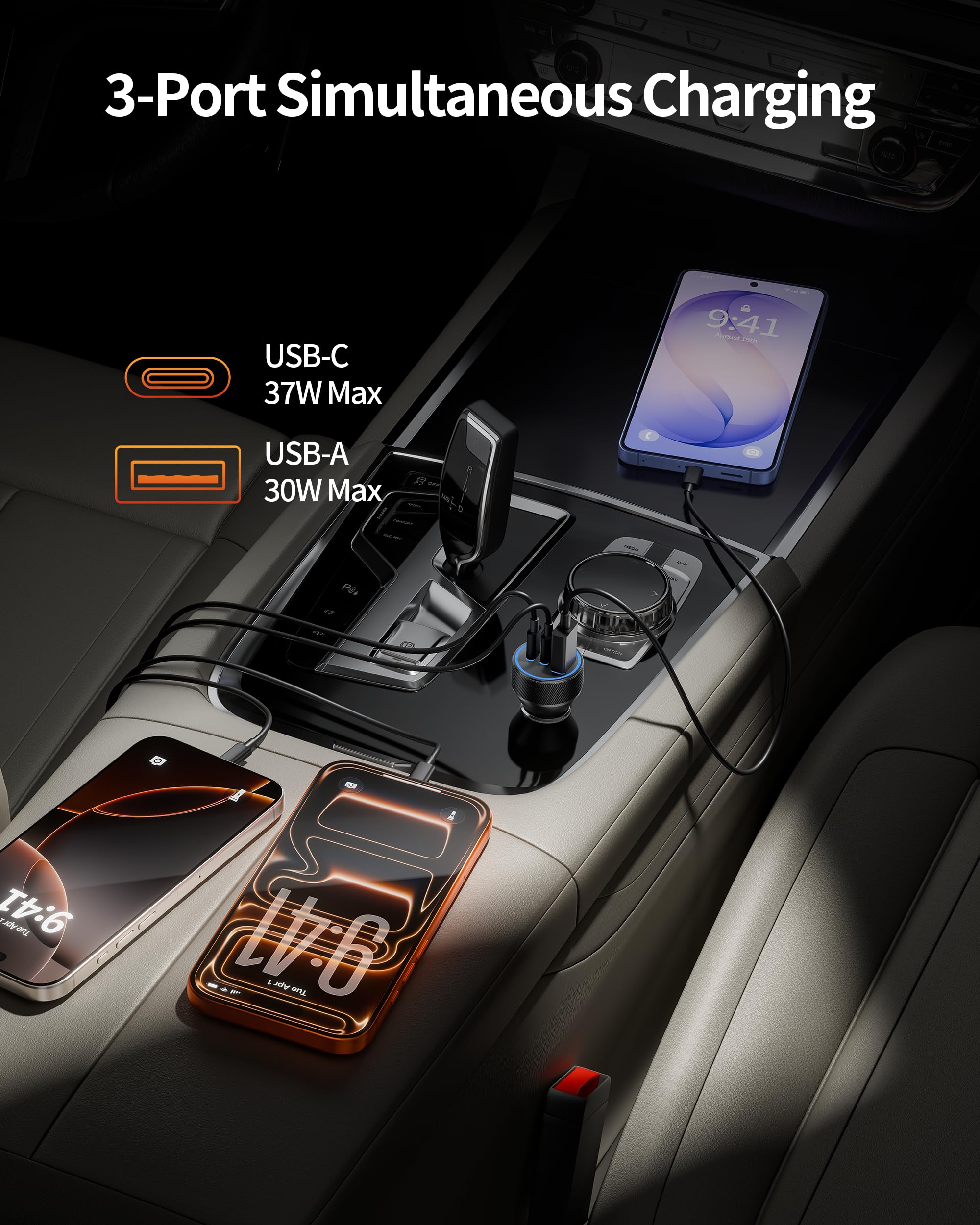 WODENTA Cargador de coche para iPhone 15/16 Pro Max, 67 W, 3 puertos, cargador rápido USB C, adaptador de encendedor de cigarrillos con cable USB C a C de 3 pies para iPhone 15/16/Pro Max/Plus/16e