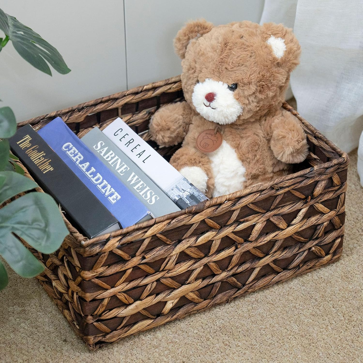 Rectangular Wicker Storage Basket with Iron Structure & Wood Accents, 15.75×11.42×7.09 Inches, Perfect for Home Organization