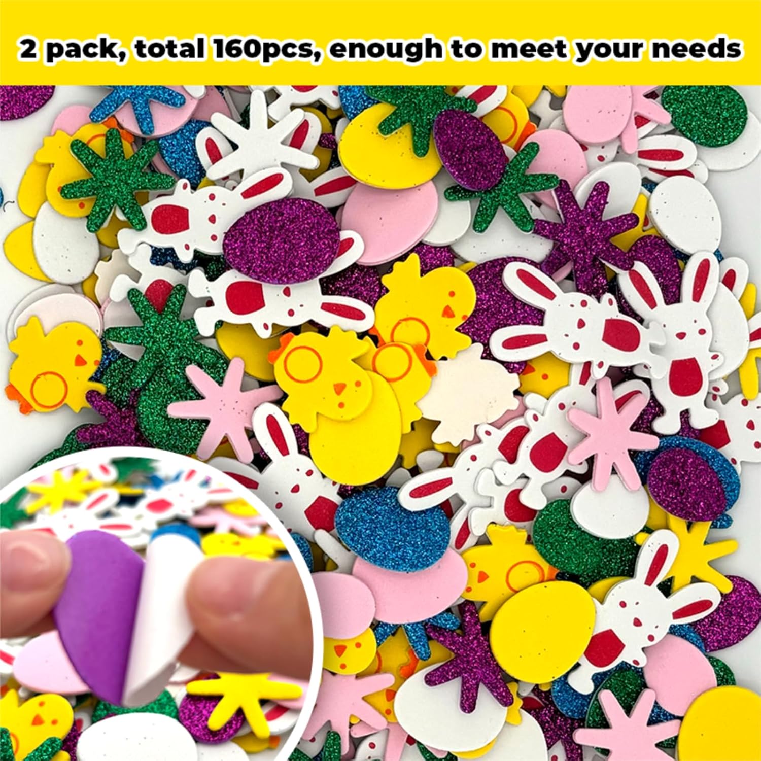 300 Pieces Easter Foam Stickers Spring Bunny Chick Glitter Eggs Flower Self Adhesive Stickers Colorful Arts Crafts Greeting Cards Home Decoration Easter Supplies