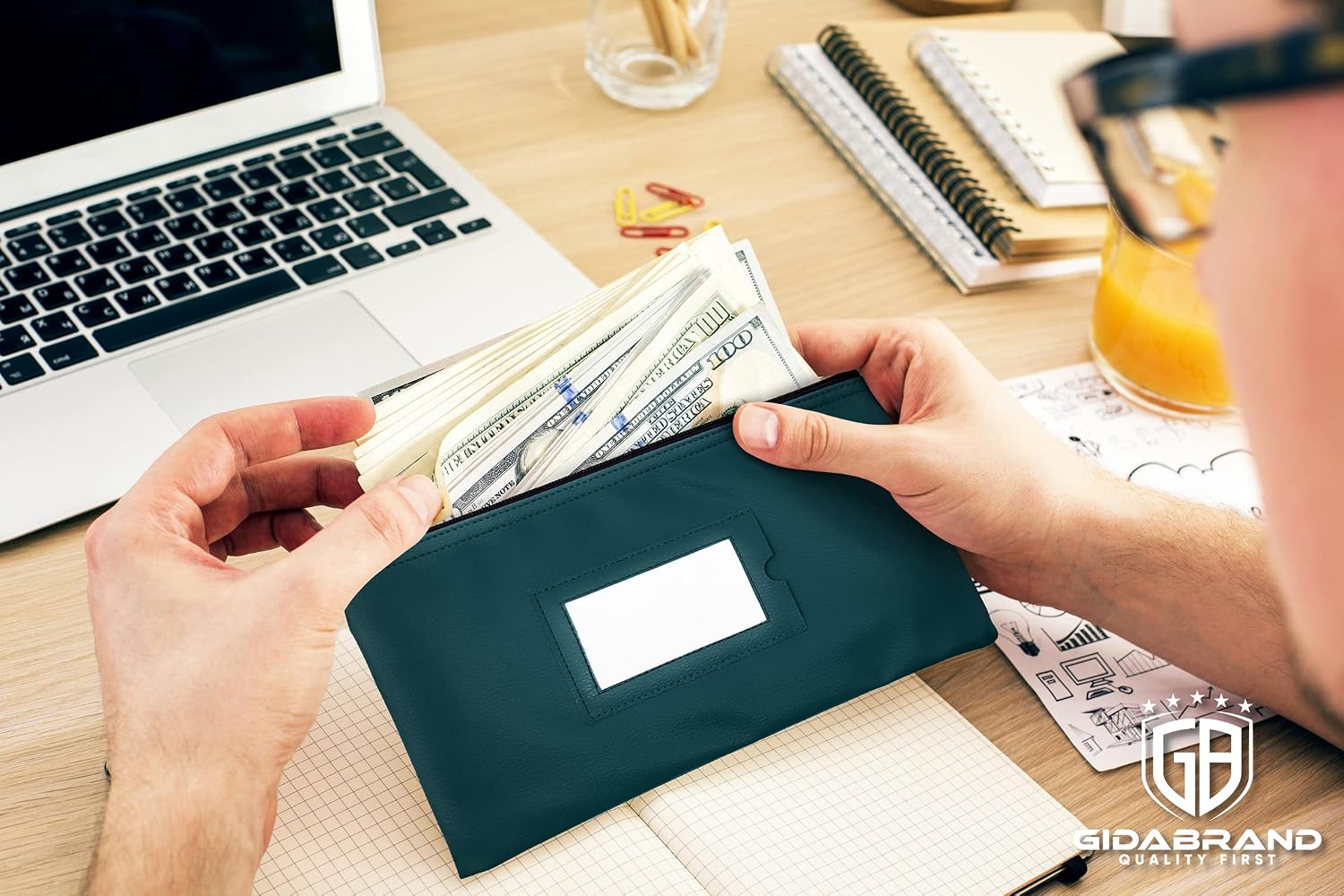 Money Bank Deposit Bag with Zipper | 11x6 inch | Green | Durable Leatherette Money Cash Coin Check Wallet Pouch for Men & Women with Framed ID Window and Blank Card (1)