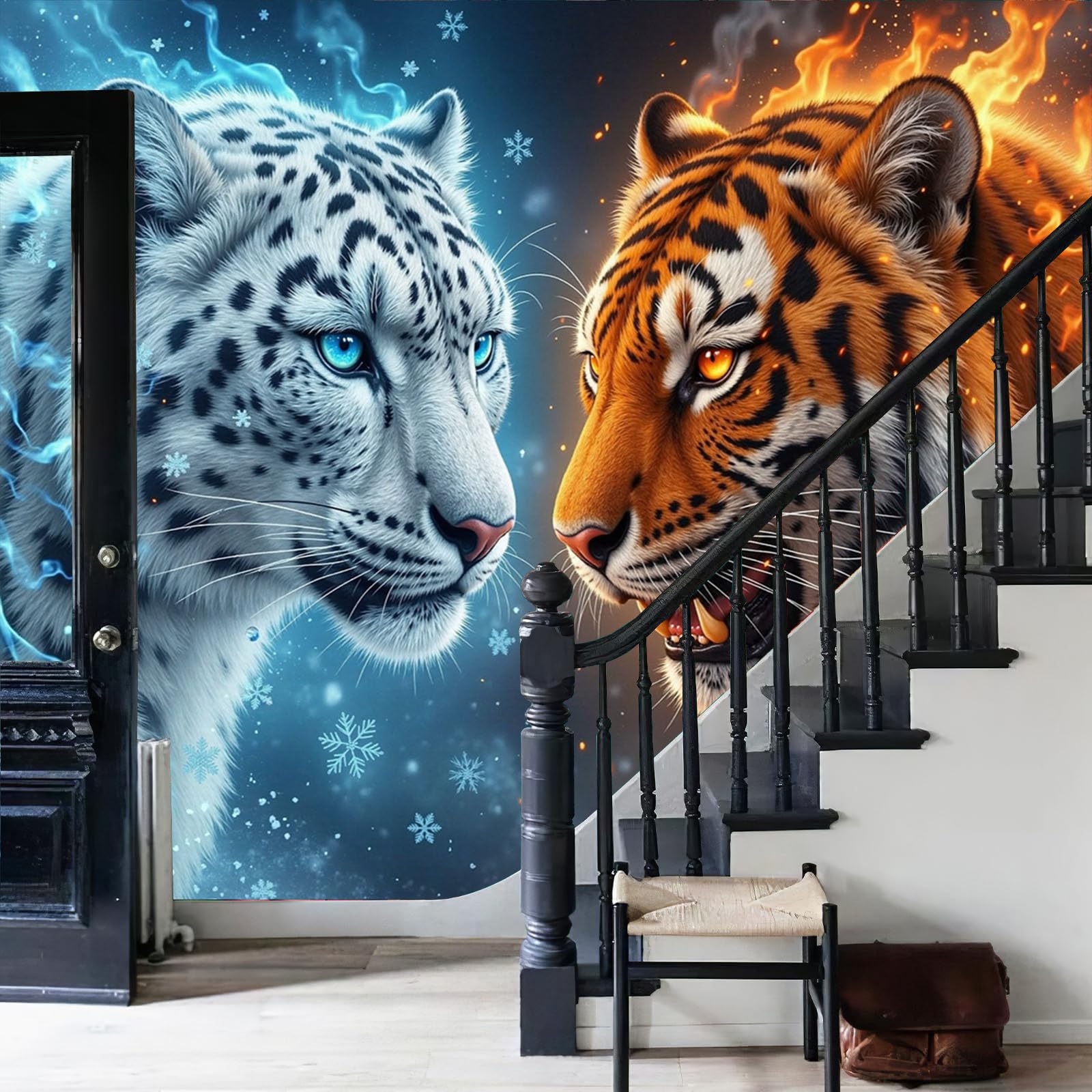 Papier Peint Panoramique Tigre et Léopard 3D pour Salon et Chambre