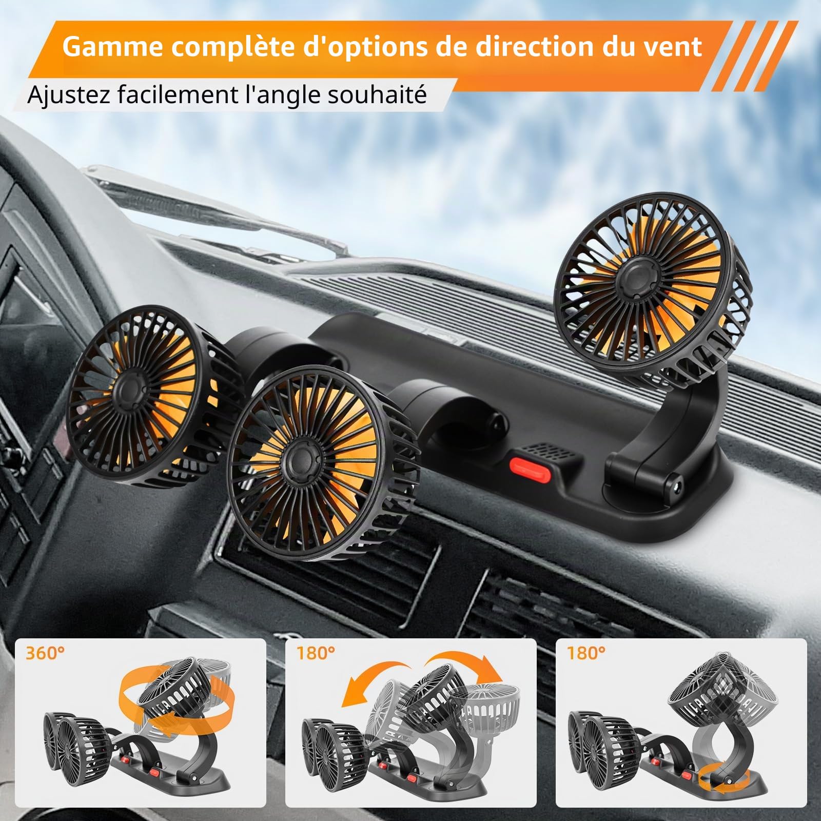 Riloer 24 V Ventilateur électrique de voiture, ventilateur de refroidissement portable à trois têtes, ventilateurs d'été rotatifs à 360 ° avec allume-cigare pour SUV, camions, camping-cars, remorques