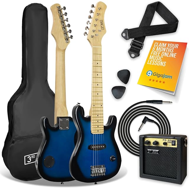3rd Avenue 1/4 Size Kids Electric Guitar Pack for Junior Beginners - 6 Months FREE Lessons, 5W Portable Amp, Cable, Bag, Picks and Strap - Blue
