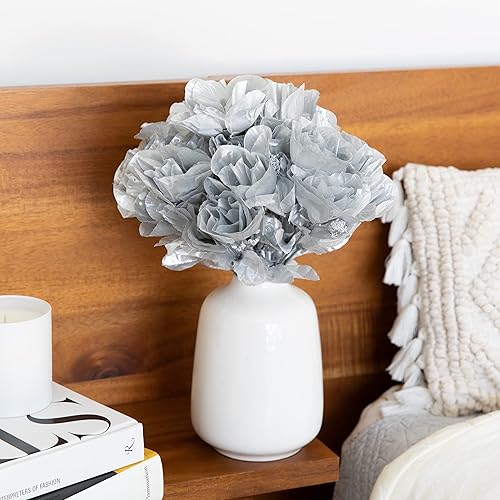 Miniatura 6 de Season's Need - Flores artificiales brillantes plateadas, decoración de 84 cabezas, aspecto real con tallo para ramos de boda, centros de mesa,