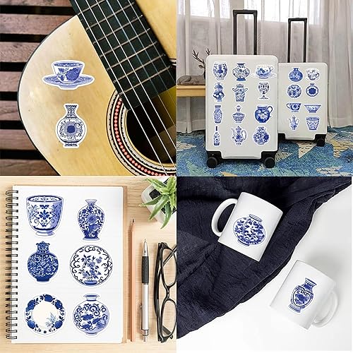 Miniatura 9 de Paquete de 50 calcomanías de porcelana azul y blanca de China para regalos, portátiles, teléfonos, libros, automóviles, motocicletas, patinetas,
