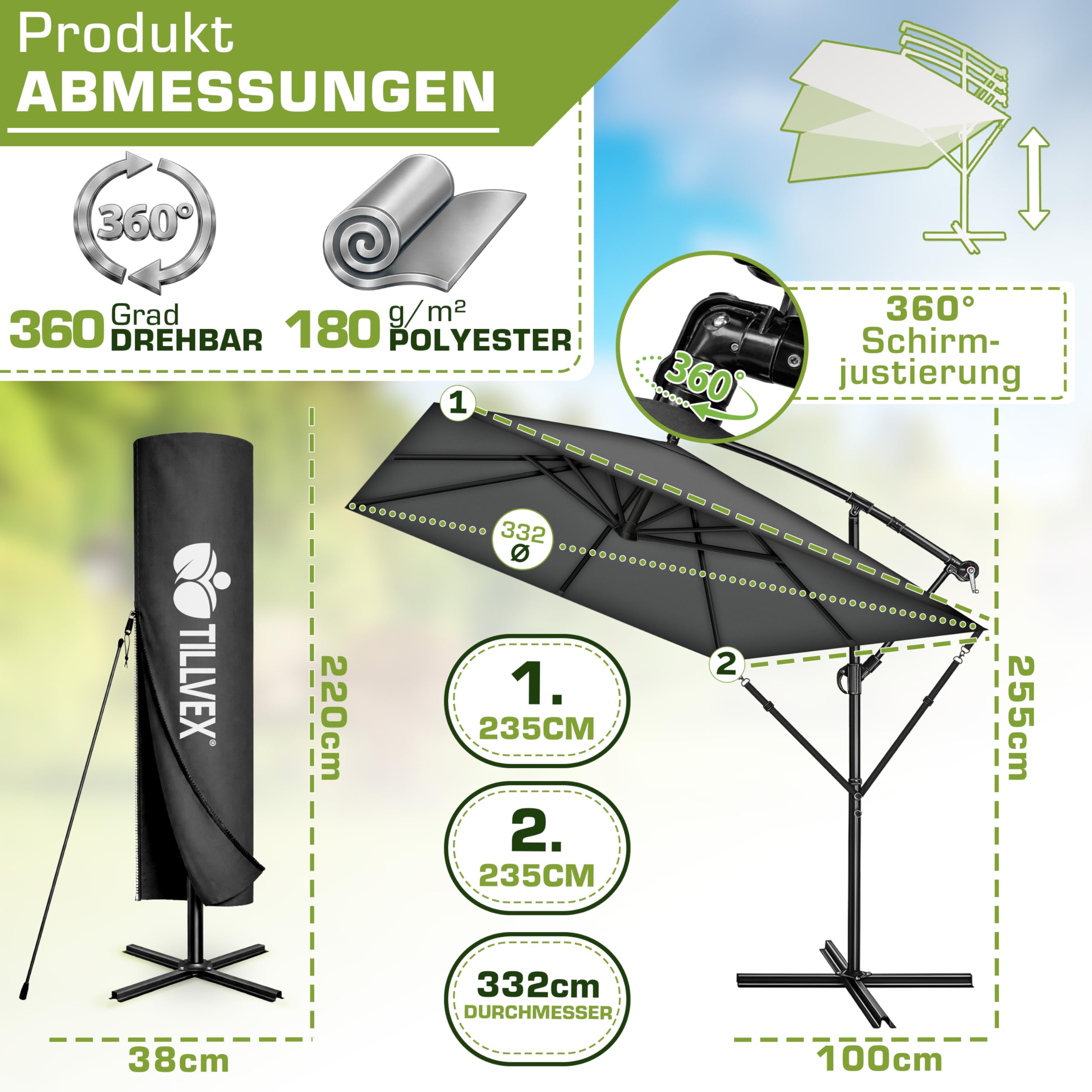 tillvex® Alu Sonnenschirm Rechteckig Ø 330 cm + Abdeckung mit Kurbel | Ampelschirm Aluminium Eckig mit Ständer & Windschutz | Gartenschirm UV-Schutz, wasserdicht, 360° drehbar