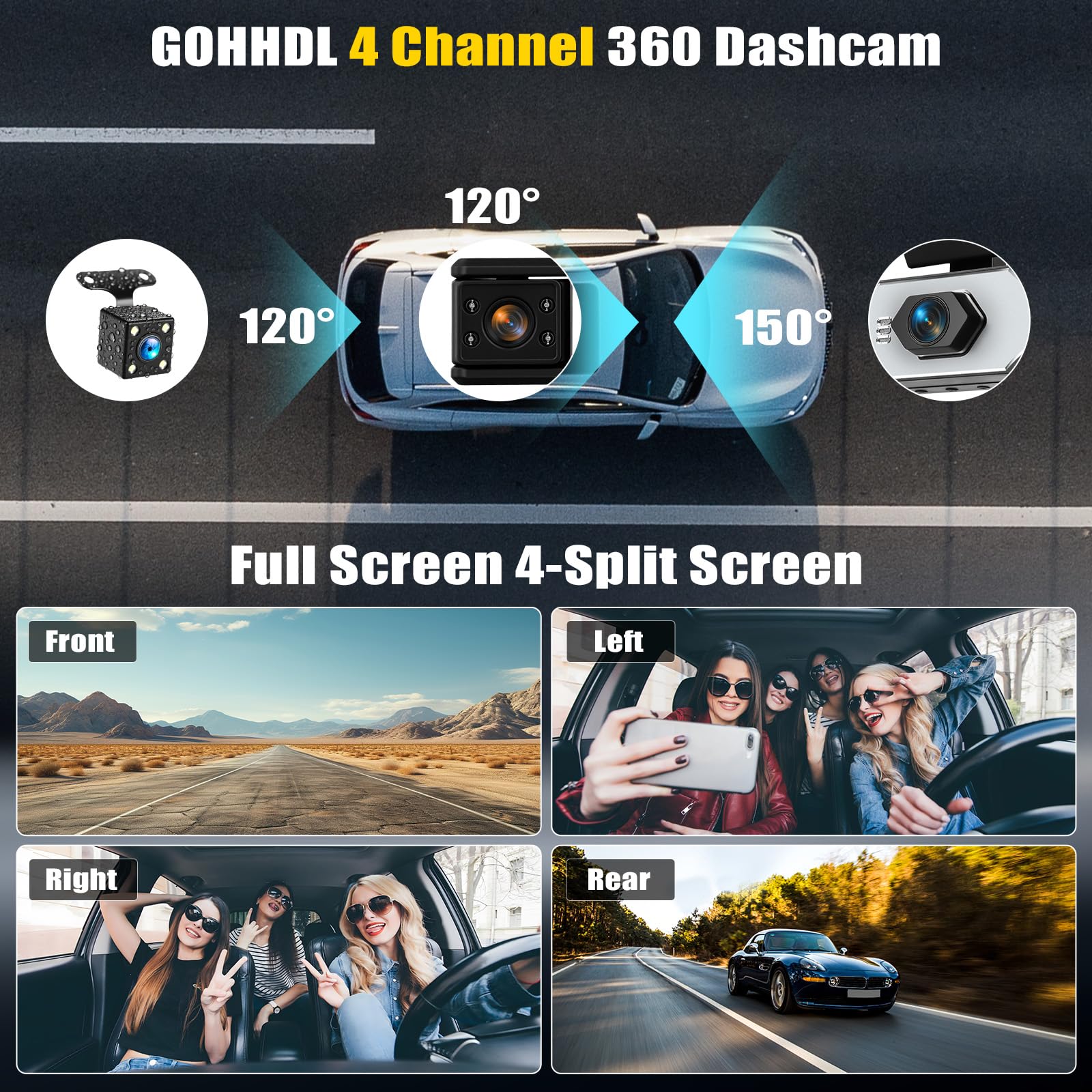 Cámara para Coche, 4 Canales Frontal Trasera Izquierda y Derecha 1080P HD, Protección Integral de 360°, Grabación de vídeo de Seguridad para Coche, Visión Nocturna, Grabación en Bucle