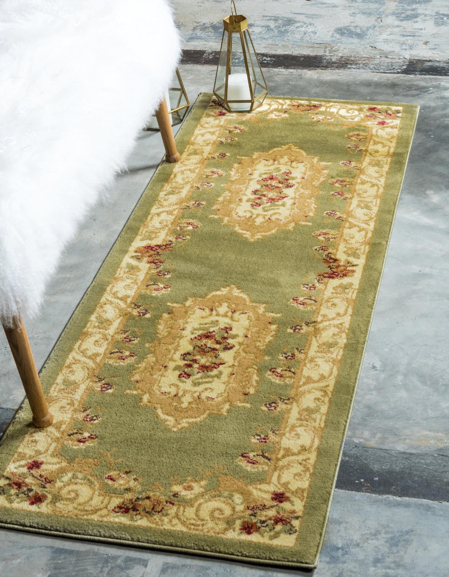 Rugs.com Chateau Collection Rug – 10 Ft Runner Green Medium Rug Perfect for Hallways, Entryways