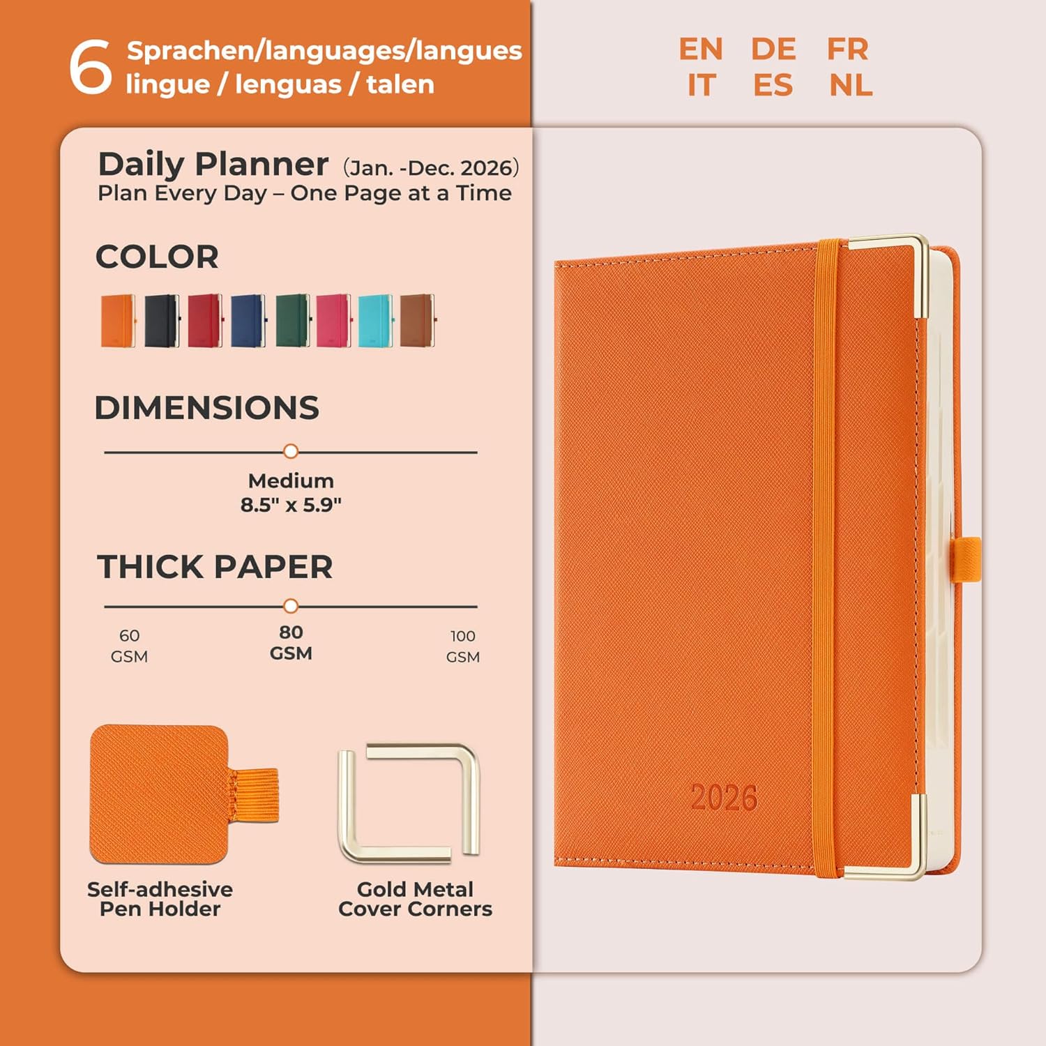 IN-LUXPRO Daily Planner 2026 with One Page Per Day,(A5-8.5" x 5.9"),12 Months Calendar Hourly Appointment Book Monthly Tabs & Self-adhesive Pen Holder,Inner Pocket, Vegan Leather Hardback,Orange