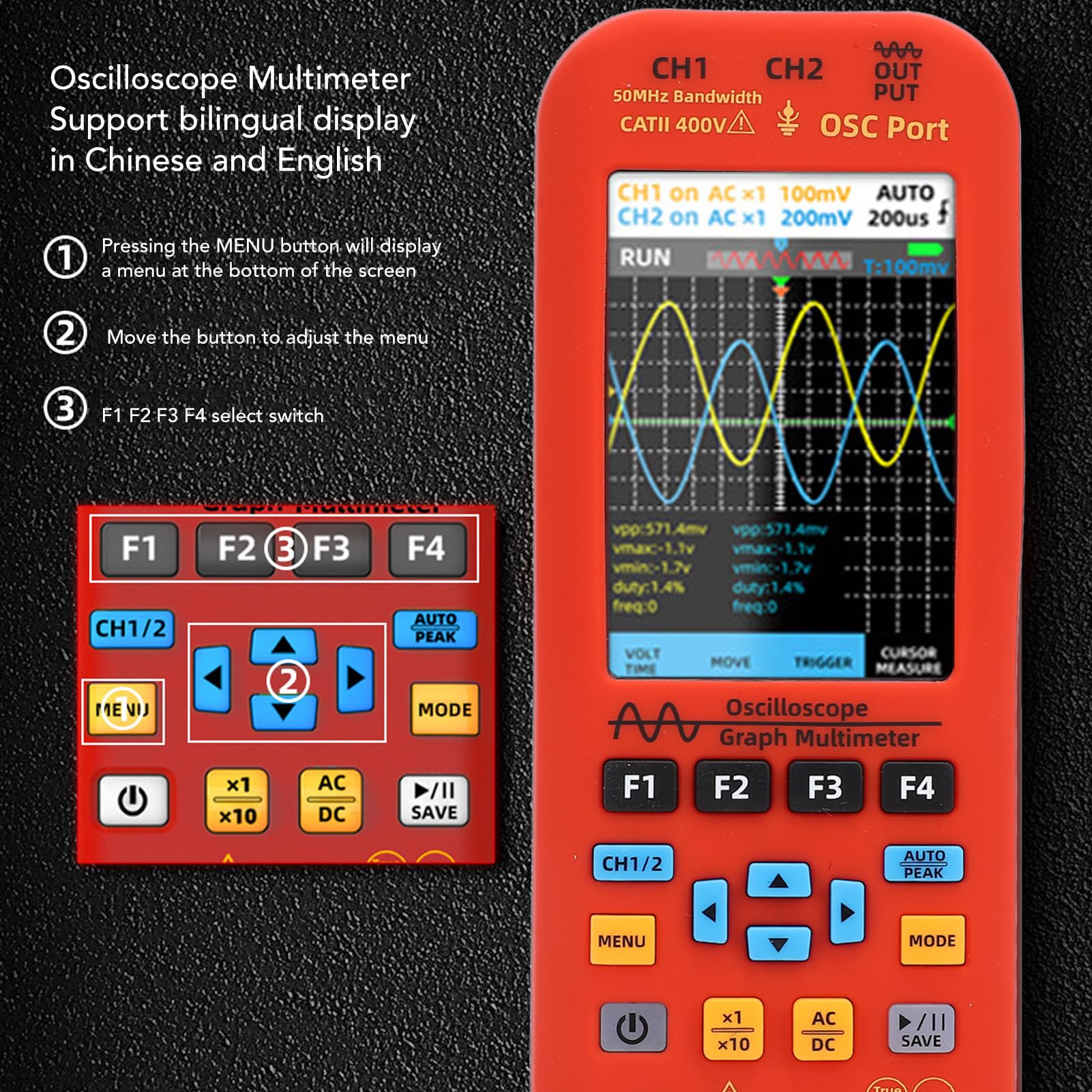 Eujgoov Oszilloskop Multimeter Signalgenerator, ABS Silikon Handheld
