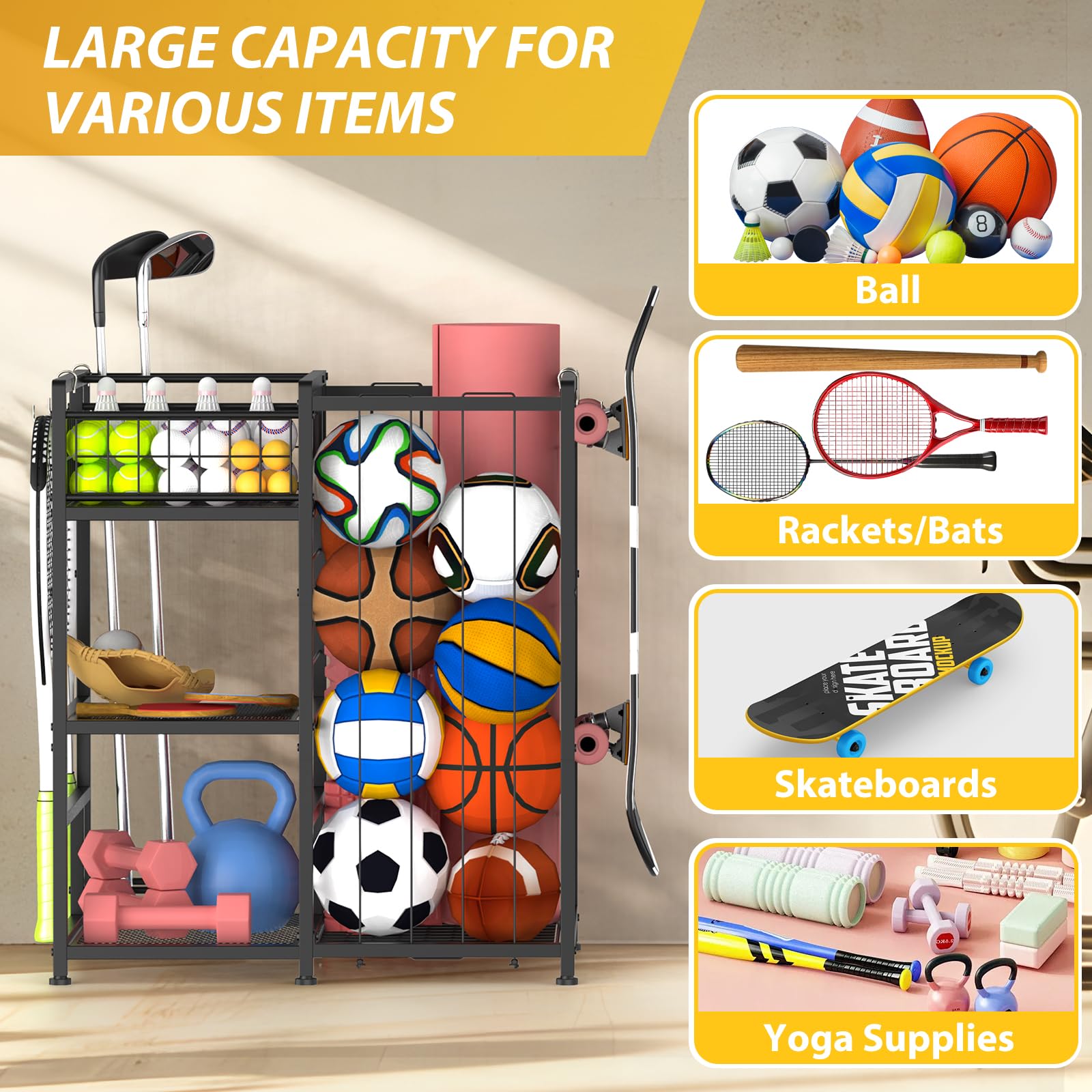 Nandae Soporte de Bolas de Metal, Estante Vertical para Bolas con Ganchos, Organizador de Equipos Deportivos para Habitaciones y Exteriores para Baloncesto, fútbol, Voleibol, Golf