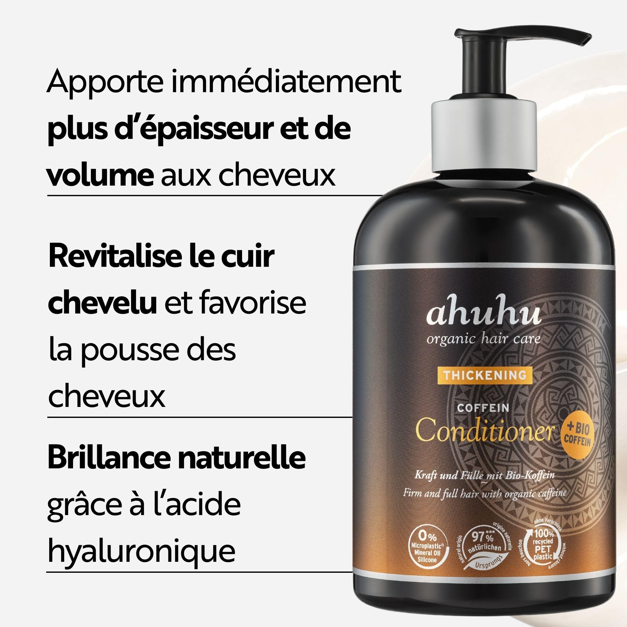 ahuhu Thickening Après-Shampoing Caféine Bio Format XXL (500 ml) | Shampoing à la caféine bio pour des cheveux épais et revitalisés, décolle les racines et apporte un volume instantané