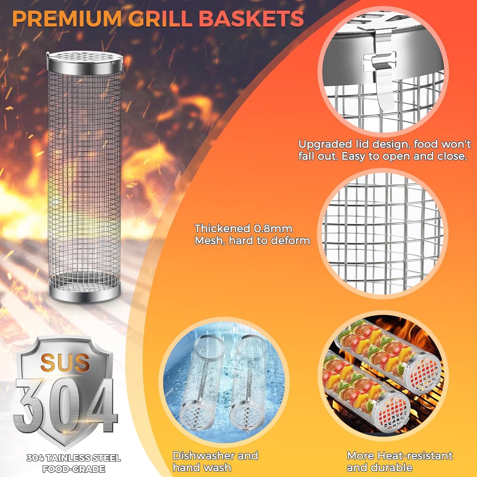 Grillkorb Gemüse 2 Stück Mit Langstielige Gabel - Zylindrischer Edelstahl Grill Basket - Gemüsekorb Mit Reinigungsbürste und Gabel - BBQ Außengrill für Gemüse, Fleisch