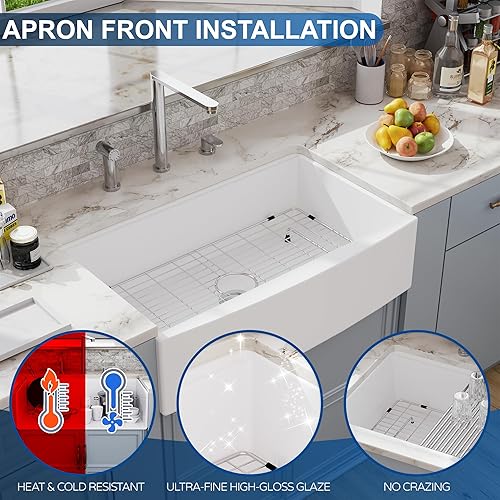 Miniatura 5 de Fregadero de cocina de granja blanco con 33 unidades de 33 x 21 pulgadas, delantal frontal de porcelana blanca de cerámica y arcilla refractaria,