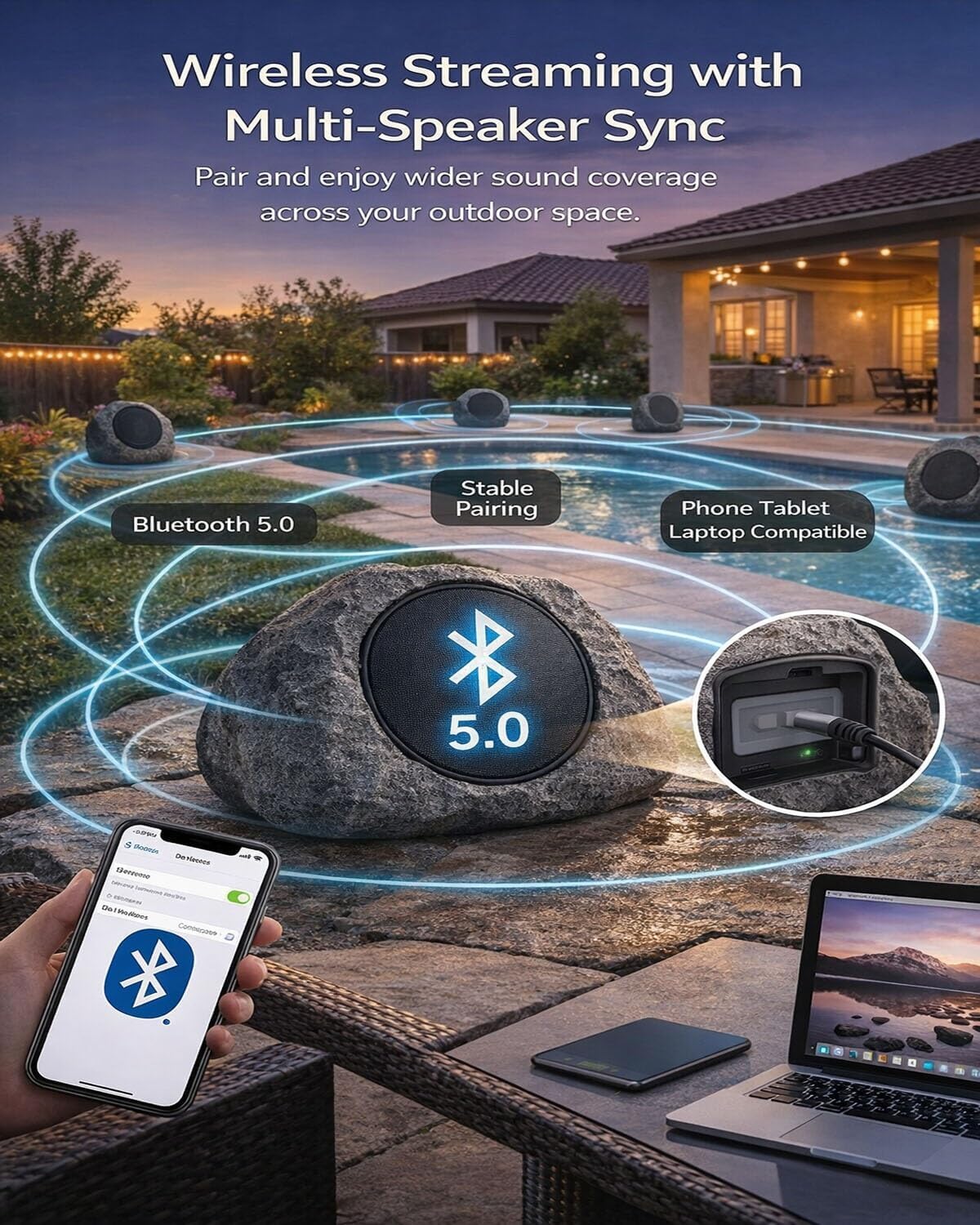Solar Powered Rock Speakers Outdoor Waterproof, Bluetooth 5.0 Wireless Stereo Speaker for Patio Pool Garden Yard, Solar & USB Charging, Remote Control, Link Up to 20 Speakers, Weatherproof (1PCS)