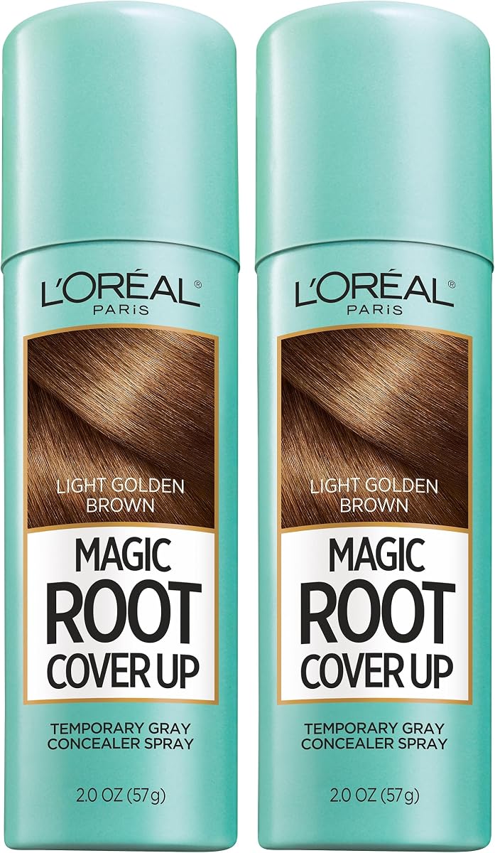 L'Oreal Paris Magic Root Cover Up Spray para cabello gris, cobertura 100% de cabello gris con fórmula edificable, liviana, resistente a la transferencia y temporal, sin amoníaco, marrón dorado claro, 2 oz (2 unidades)