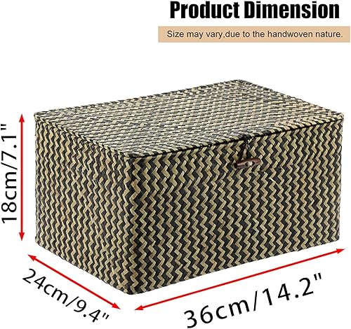 Vista 130 de Hipiwe Cestas de mimbre con tapa, cesta de pastos marinos tejida a mano, cestas rectangulares para el hogar, cajas para estantes, armario, Café