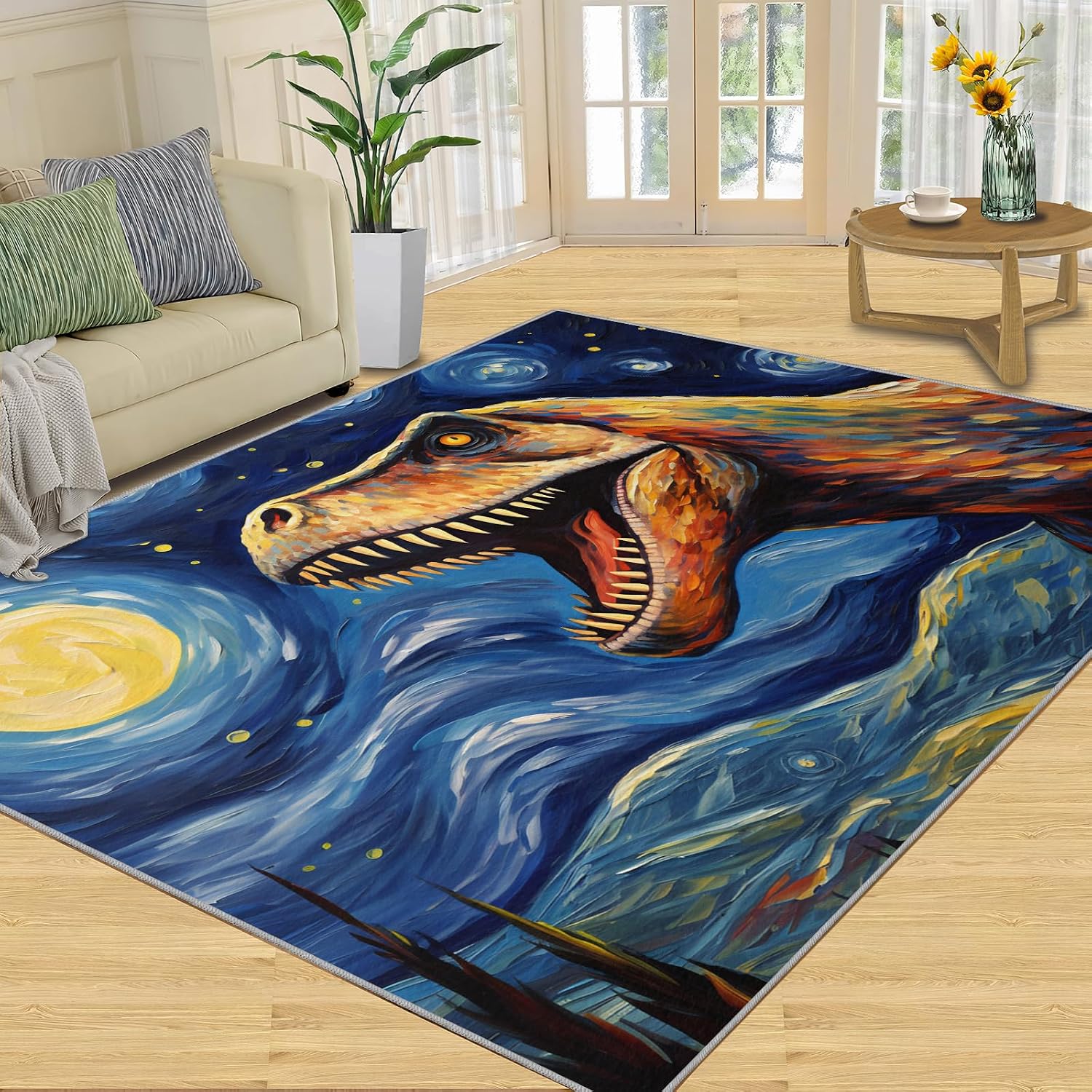 5x6 Area Rug - Starry Sky Dinosaur Area Rugs for Kitchen, Post-Impressionism Art Oil Painting Bedroom Area Rug Kids Low Pile for Indoor Outdoor Hardwood Floors Home Decor