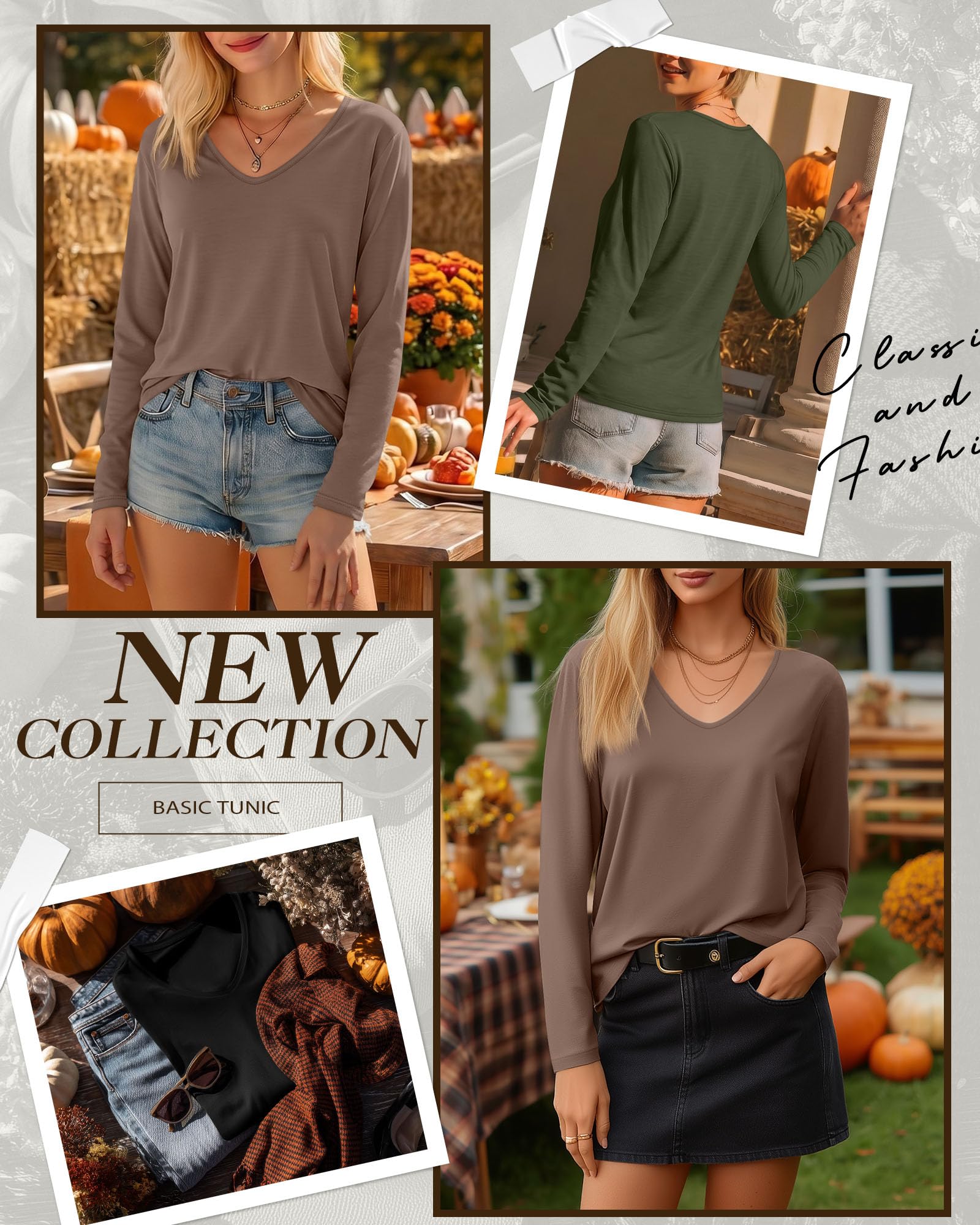 Ficerd Lot de 3 Hauts pour Femme col V Manches Longues | Col V, Manches Longues, Coupe Ample, Tissu Doux, T-shirts Basiques D'automne, Hauts Casual Du Quotidien, Mode Femme Tendance