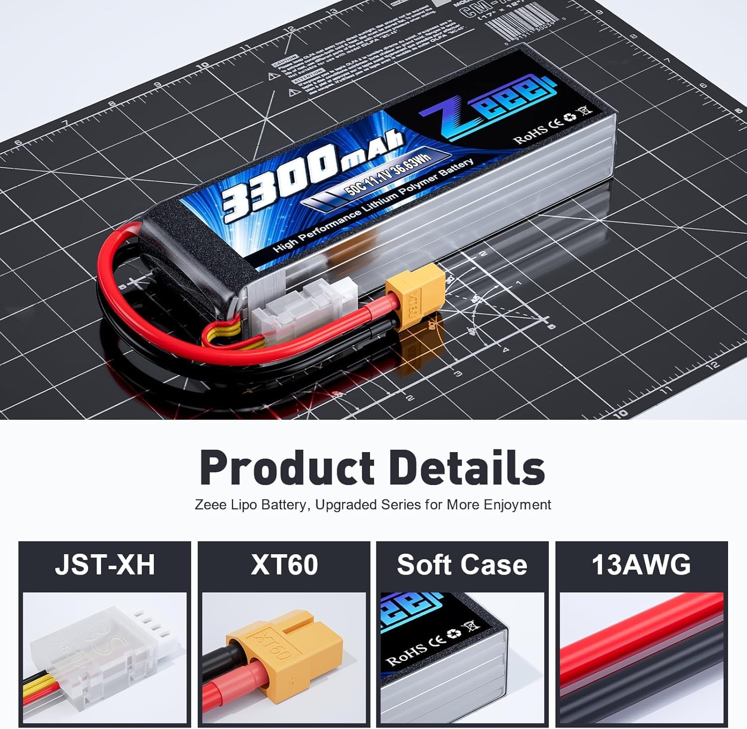 Zeee 3S Lipo 3300mAh 11,1V 50C Batería RC con Conector XT60 para Coche RC, avión RC, helicóptero RC, pasatiempo RC (2 Piezas)