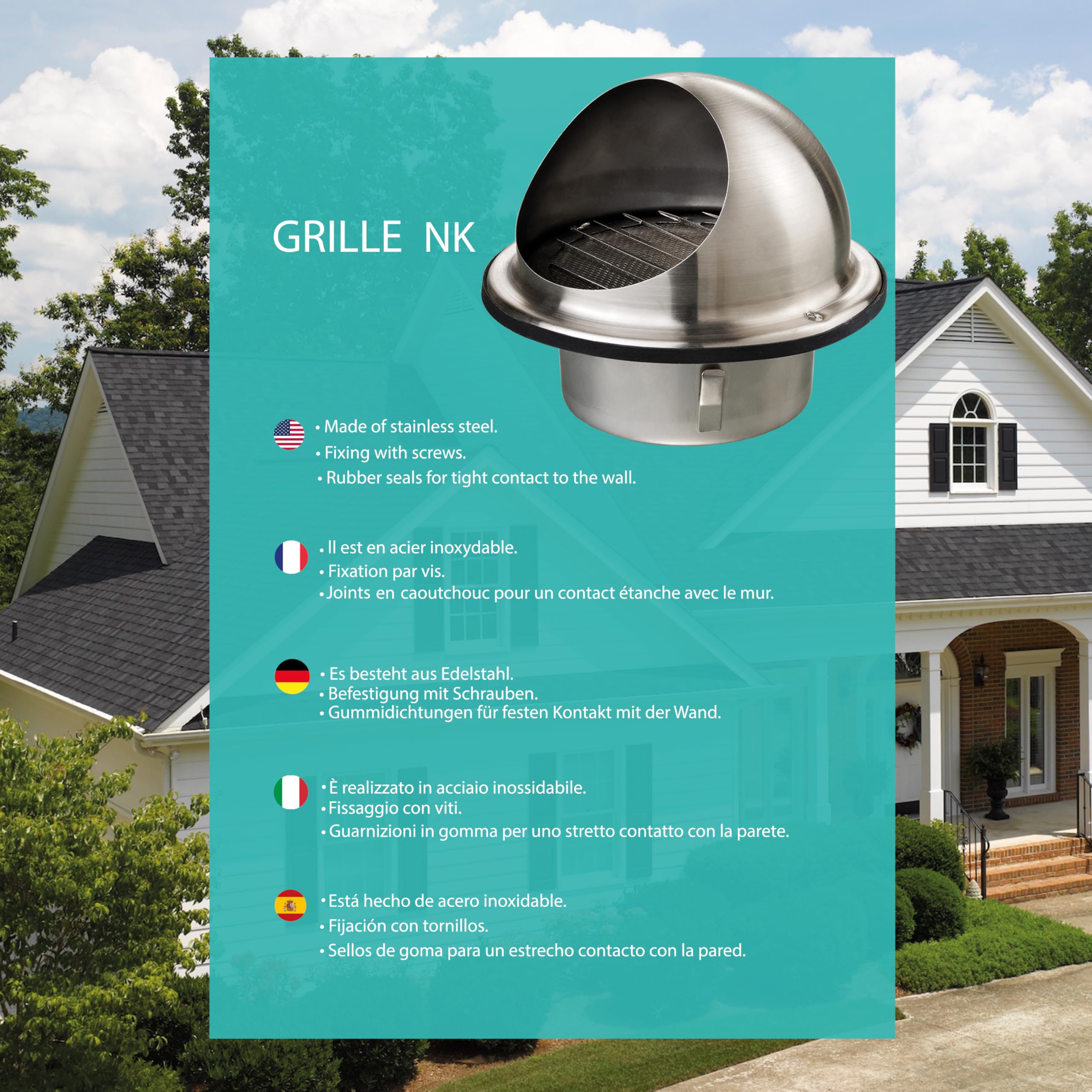 AIROPE 150mm Stainless Steel Vent Grille with Built-In Mosquito Net, Weather Resistant - Image 3