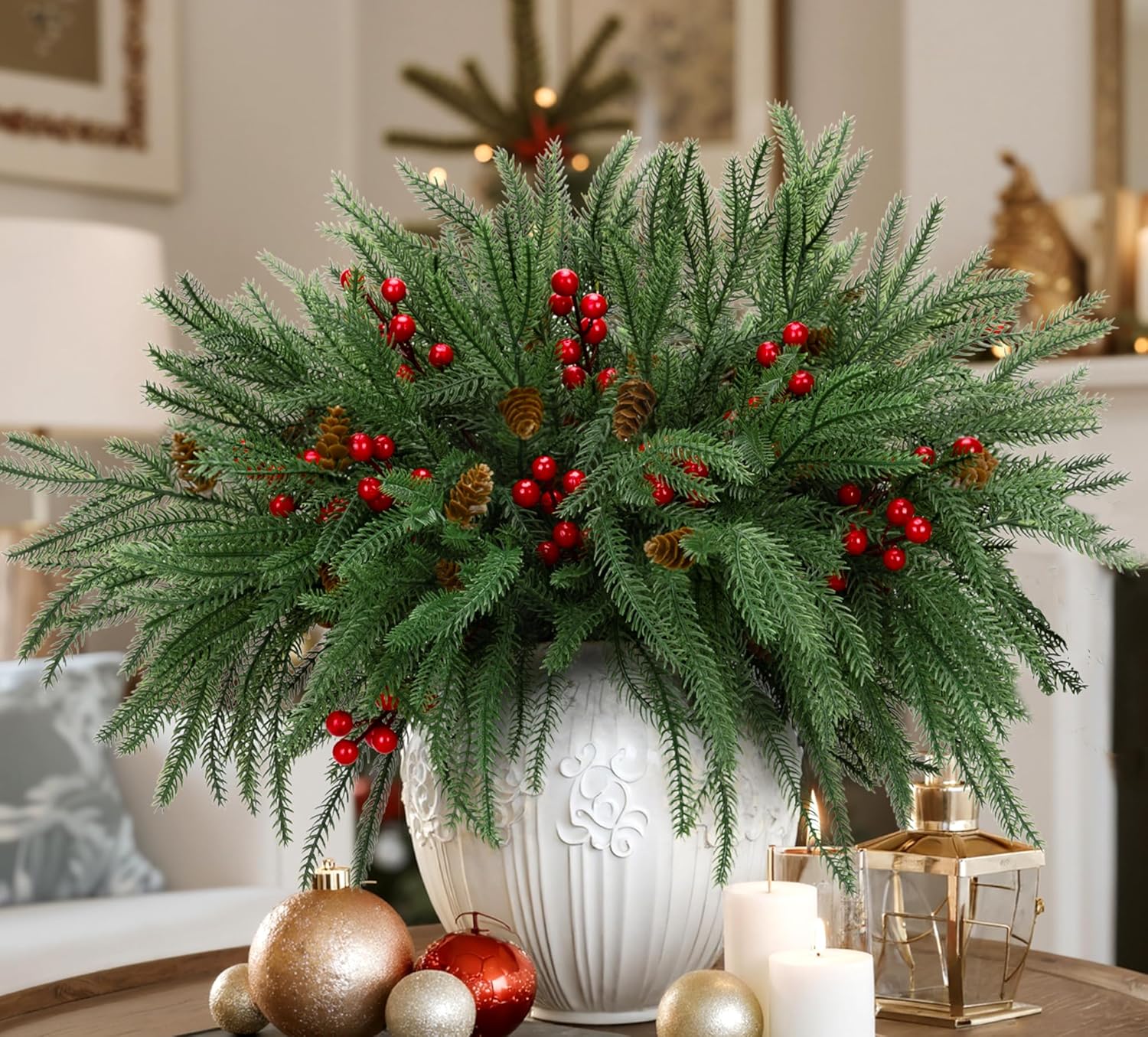 Bassion Real Touch Christmas Norfolk Pine Stems Branches with Pinecones, 18" Realistic Norfolk Pines Picks with 12 Pcs Artificial Berries Greenery for Vases Xmas DIY Crafts Holiday Home Decor