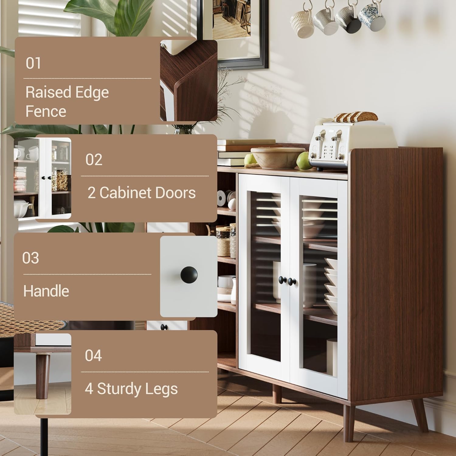 Garvee Buffet Sideboard with Storage,55" Large Kitchen Storage Cabinet with 4 Drawers and 2Doors,Wood Farmhouse Buffet Sideboard with Adjustable Shelf for Kitchen Living Room, Entryway,Walnut