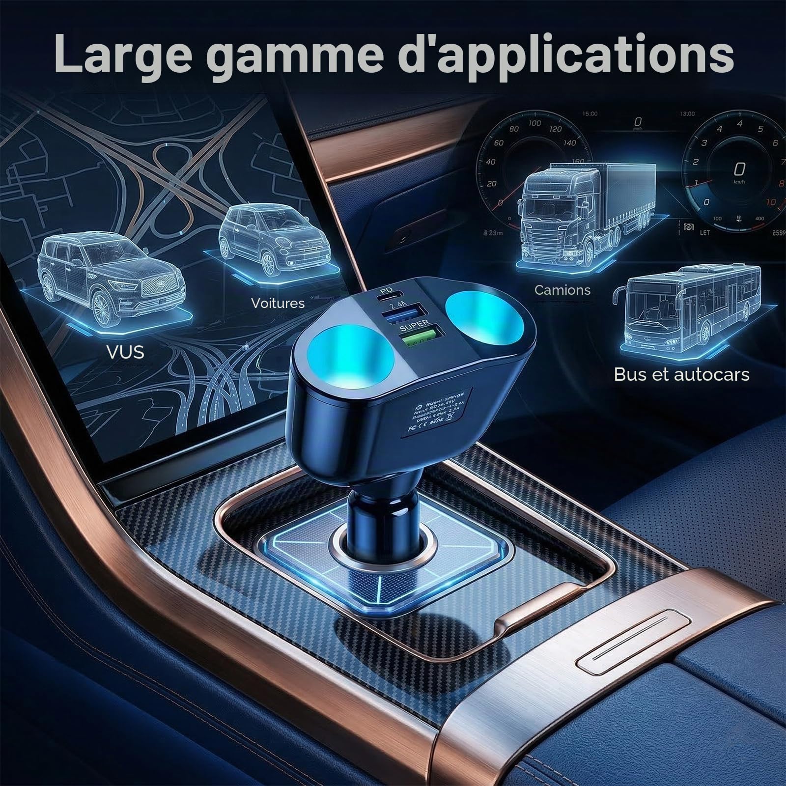 5-en-1 Chargeur Voiture Allume-Cigare 120W, Multiprise Allume-Cigare | USB C avec Voltmètre LED Rotatif 360°, Adaptateur 12 V/24 V Compact et Sécurisé Voiture, Camion, Téléphone et Tablette, SUV