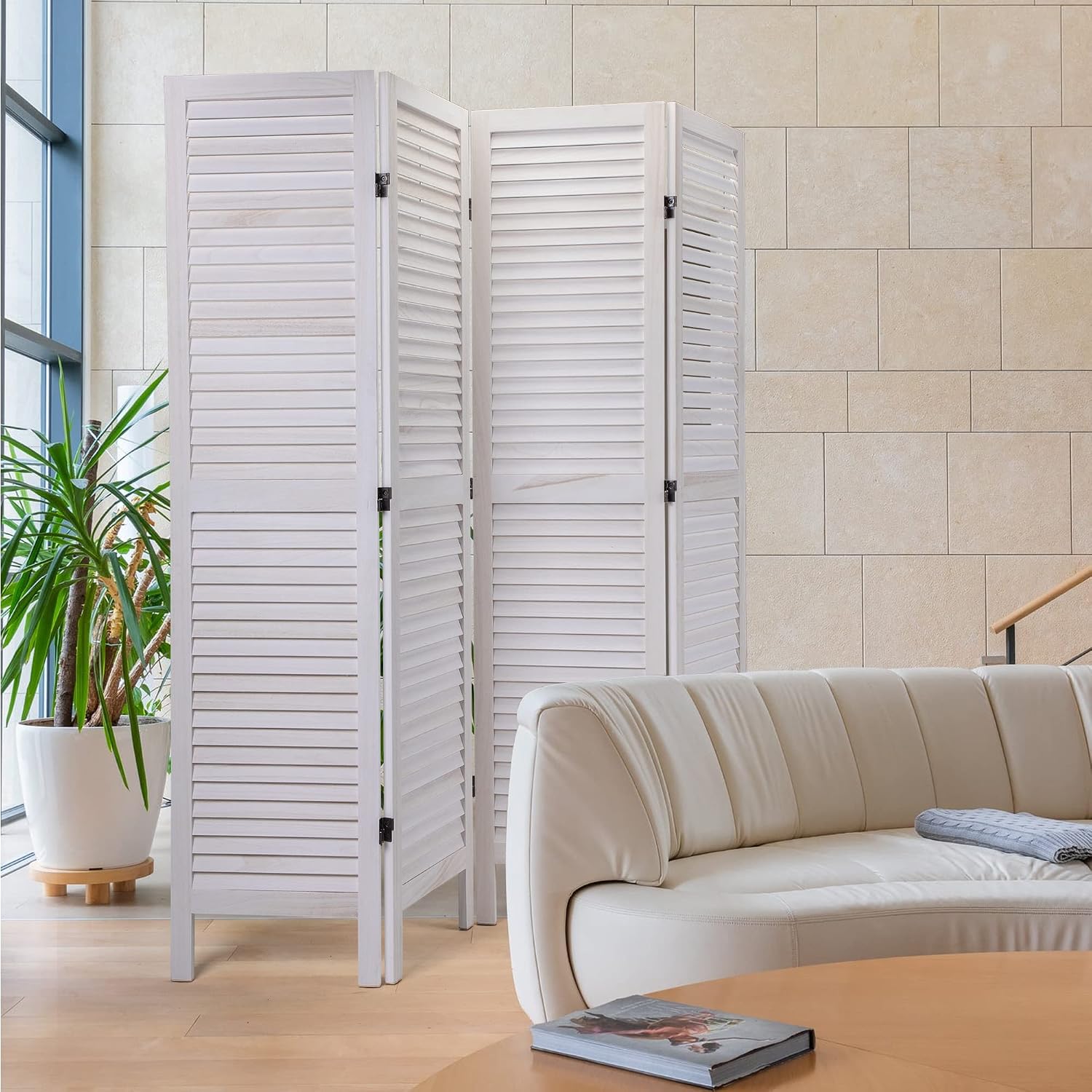 JAXPETY 4 Panel Wood Louvered Room Divider, 5.6 Ft Tall Oriental Folding Freestanding Privacy Screen Room Dividers for Home, Office, Bedroom (White)
